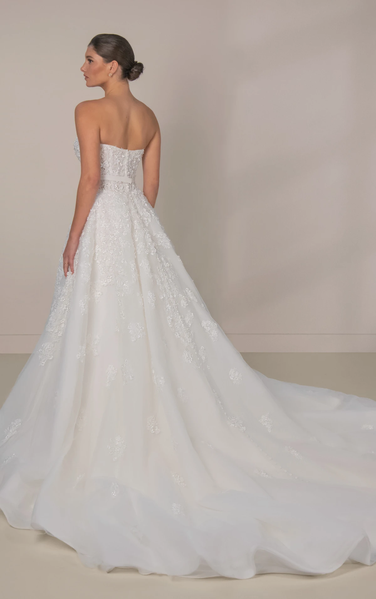 le1476 Strapless Beaded Lace and Tulle A-Line Wedding Gown with Silk Bow Belt  by Martina Liana Luxe