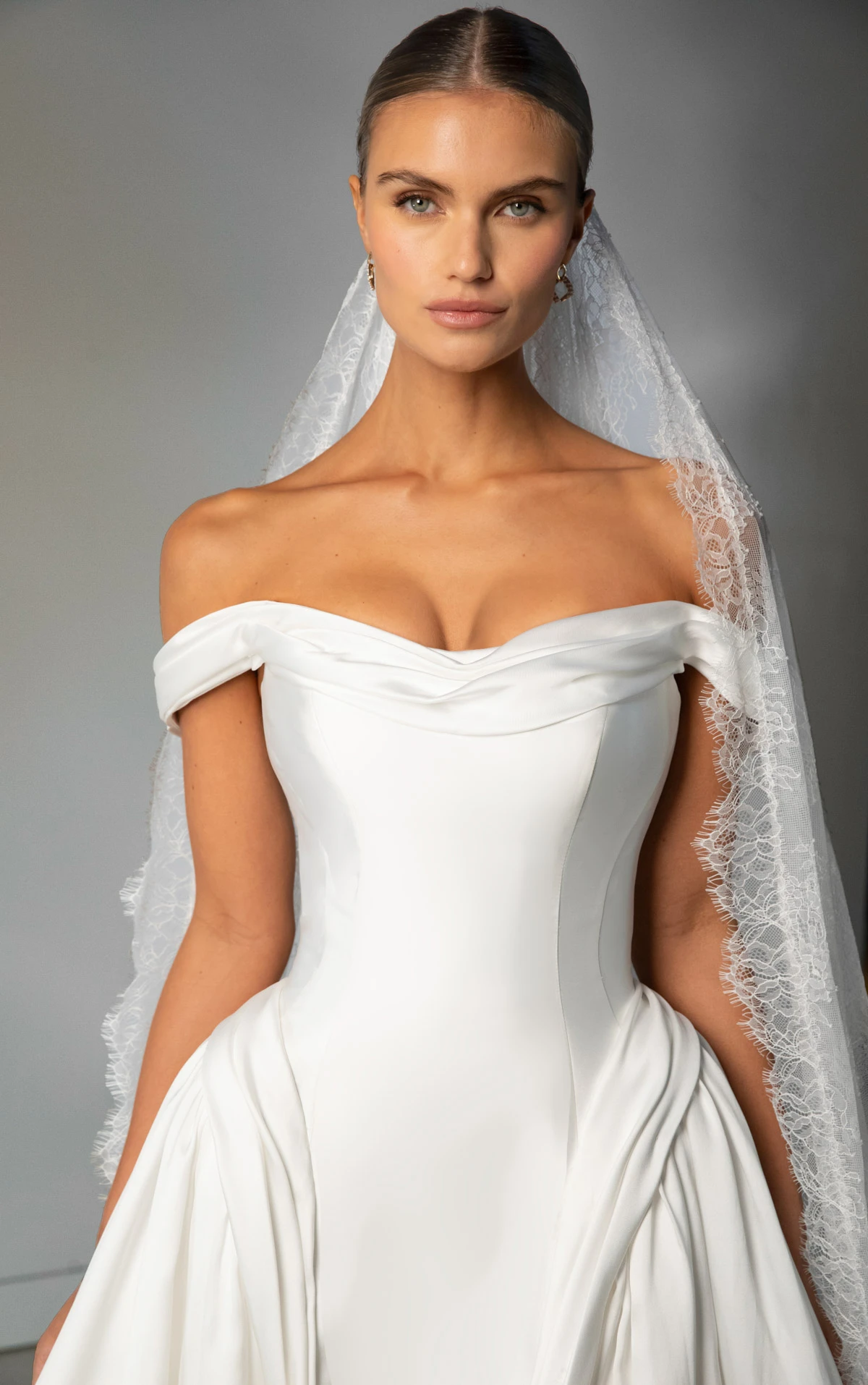 le1477 Off-the-Shoulder Ballgown Wedding Gown with Hip Pleating by Martina Liana Luxe