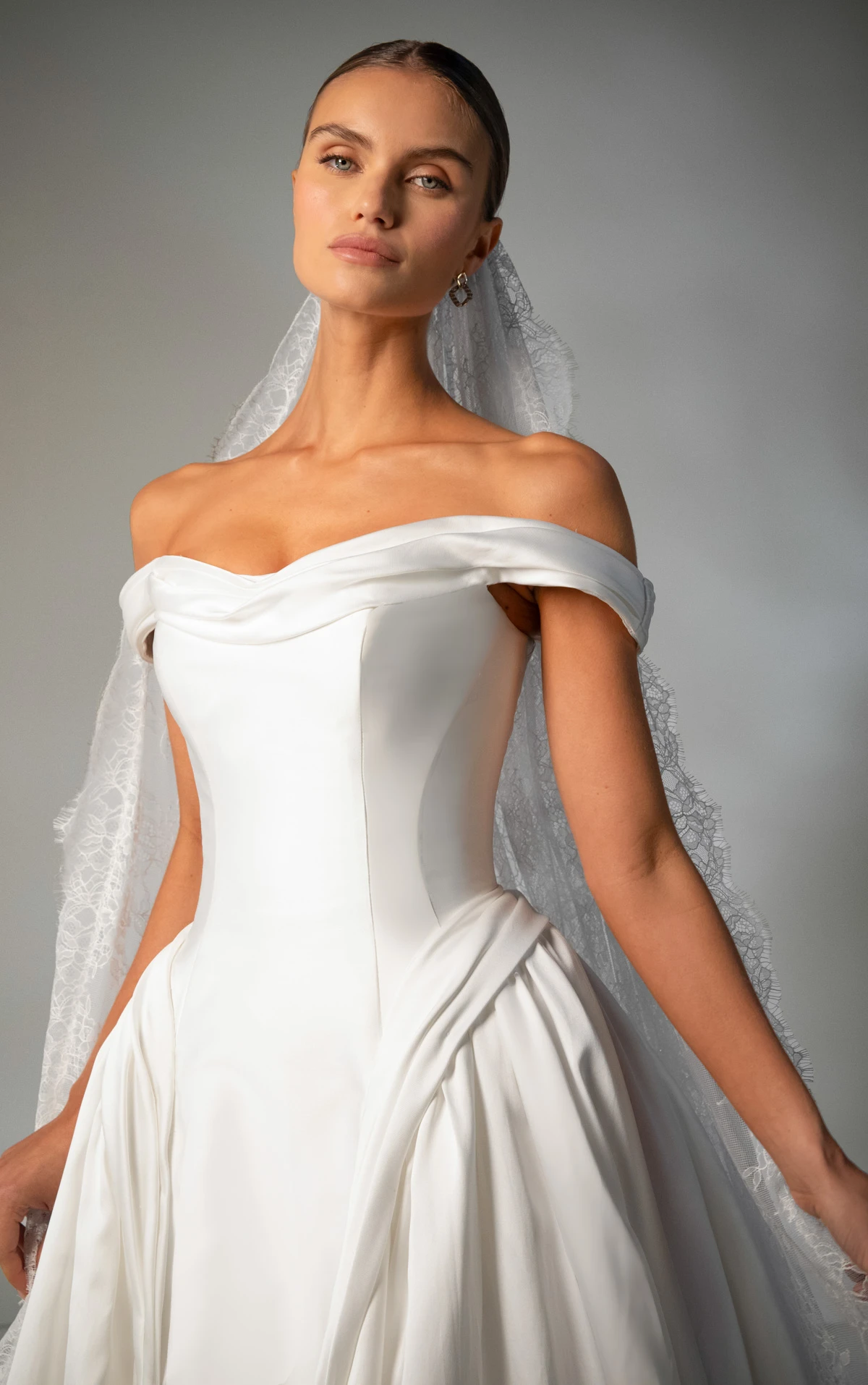 le1477 Off-the-Shoulder Ballgown Wedding Gown with Hip Pleating by Martina Liana Luxe