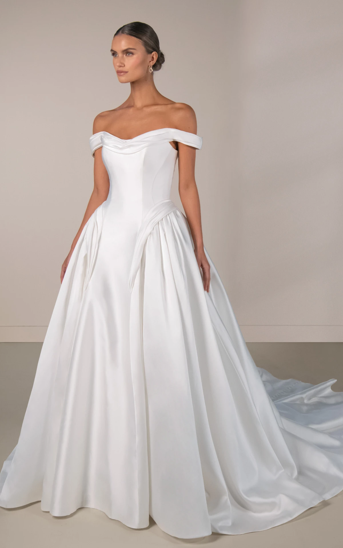 le1477 Off-the-Shoulder Ballgown Wedding Gown with Hip Pleating by Martina Liana Luxe