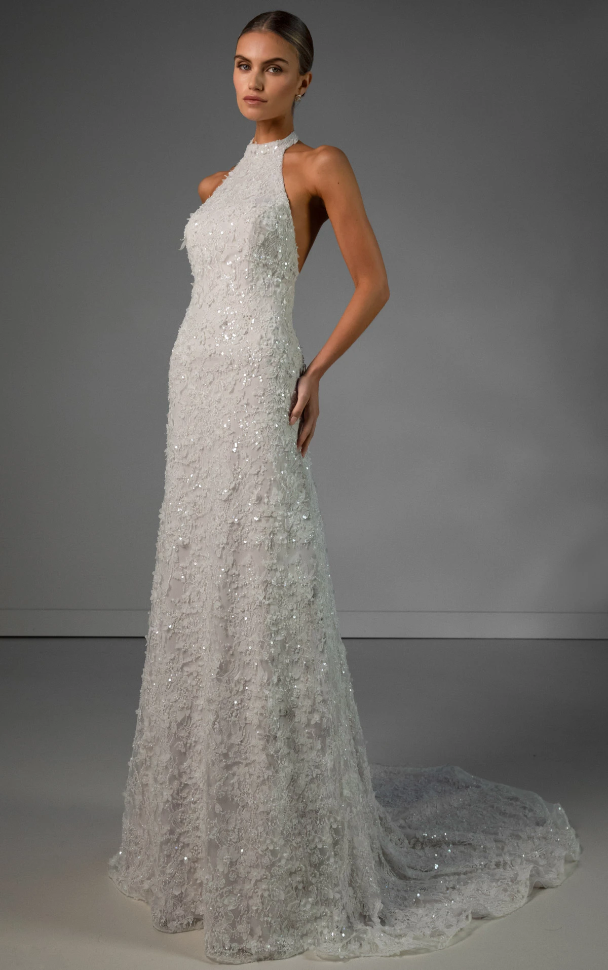le1481 Halter Neck Beaded Lace Wedding Gown with Satin Organdy Floral Topper by Martina Liana Luxe