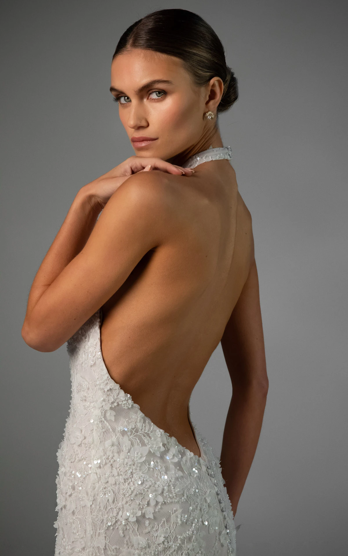le1481 Halter Neck Beaded Lace Wedding Gown with Satin Organdy Floral Topper by Martina Liana Luxe