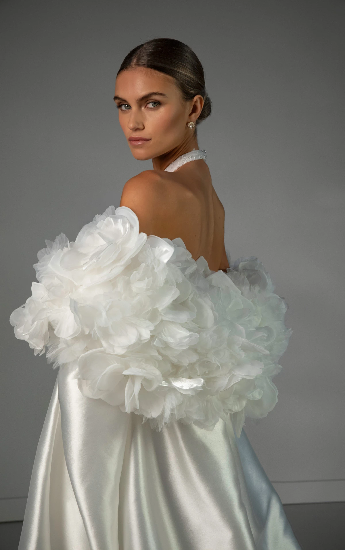 le1481 Halter Neck Beaded Lace Wedding Gown with Satin Organdy Floral Topper by Martina Liana Luxe