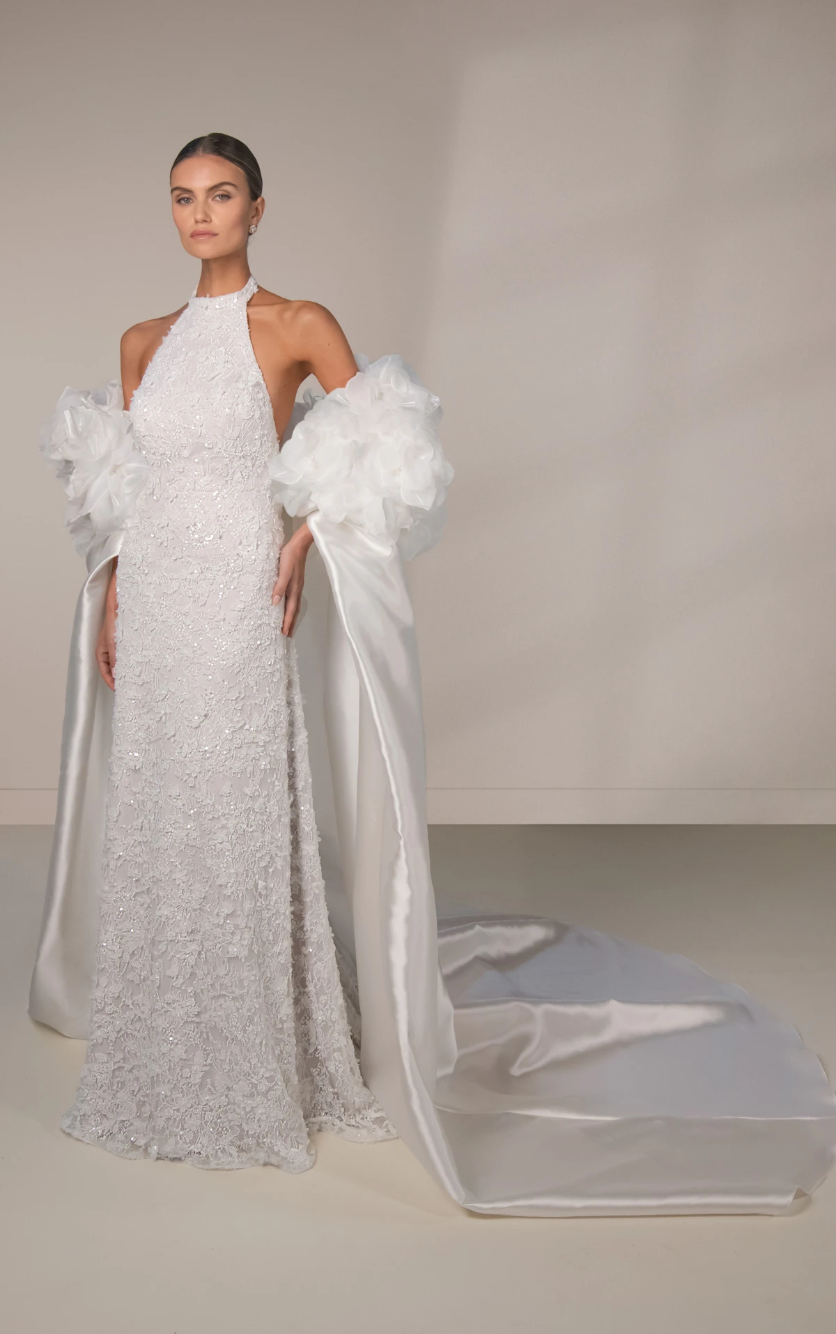 le1481 Halter Neck Beaded Lace Wedding Gown with Satin Organdy Floral Topper by Martina Liana Luxe