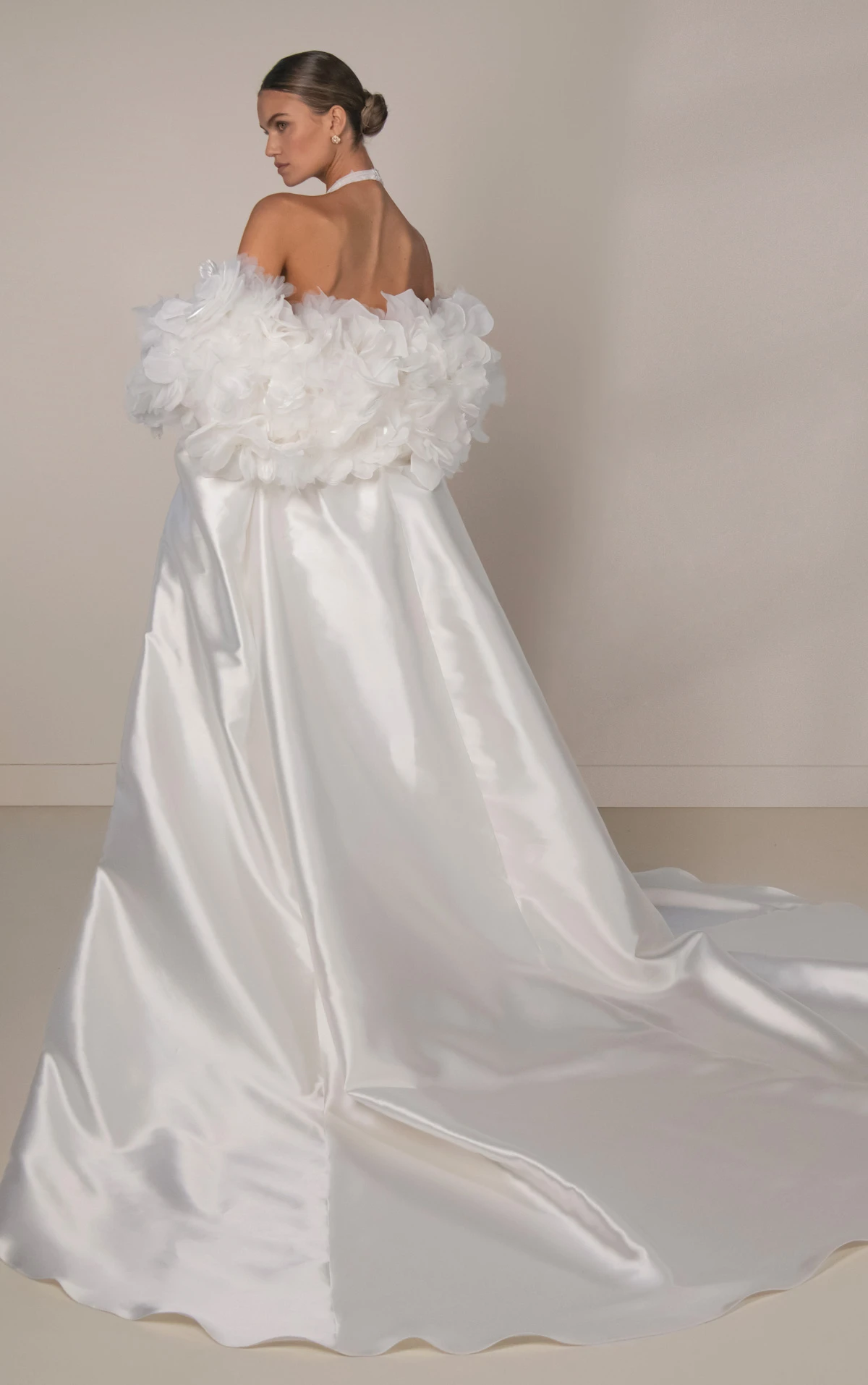 le1481 Halter Neck Beaded Lace Wedding Gown with Satin Organdy Floral Topper by Martina Liana Luxe