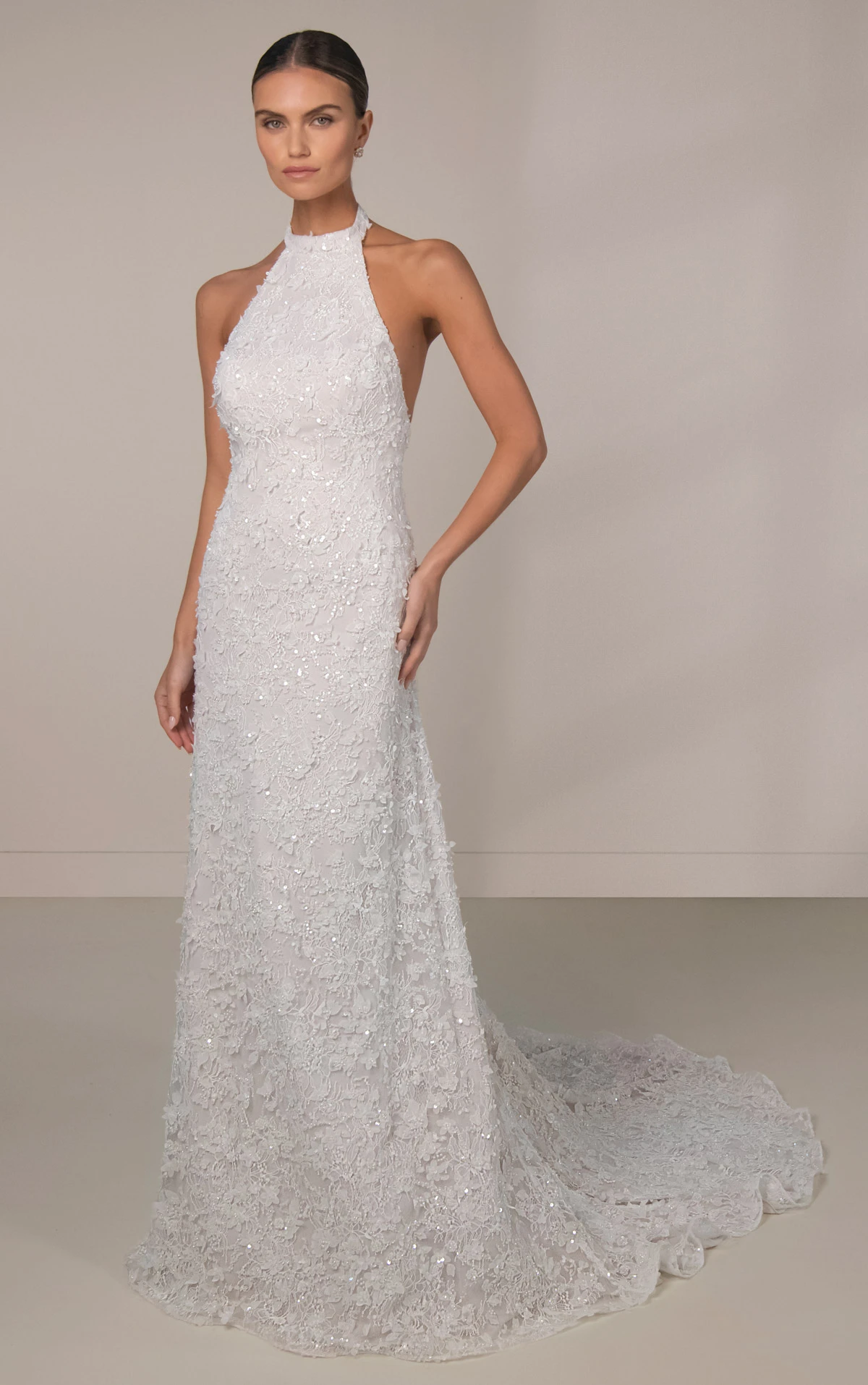 le1481 Halter Neck Beaded Lace Wedding Gown with Satin Organdy Floral Topper by Martina Liana Luxe