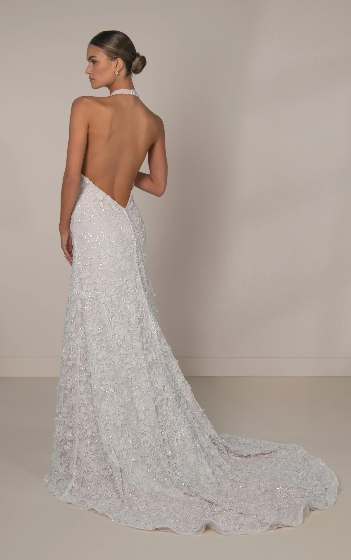 le1481 Halter Neck Beaded Lace Wedding Gown with Satin Organdy Floral Topper by Martina Liana Luxe