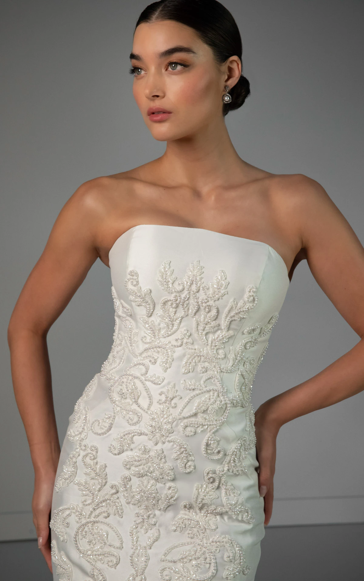 le1487 Strapless Lace and Silk Zibeline Column Wedding Gown with Detachable Train by Martina Liana Luxe