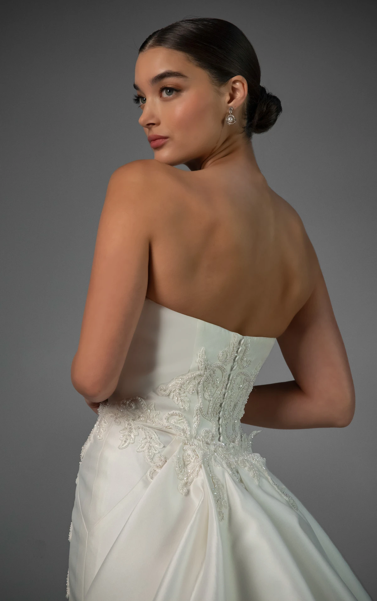 le1487 Strapless Lace and Silk Zibeline Column Wedding Gown with Detachable Train by Martina Liana Luxe