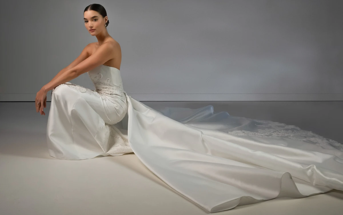 le1487 Strapless Lace and Silk Zibeline Column Wedding Gown with Detachable Train by Martina Liana Luxe
