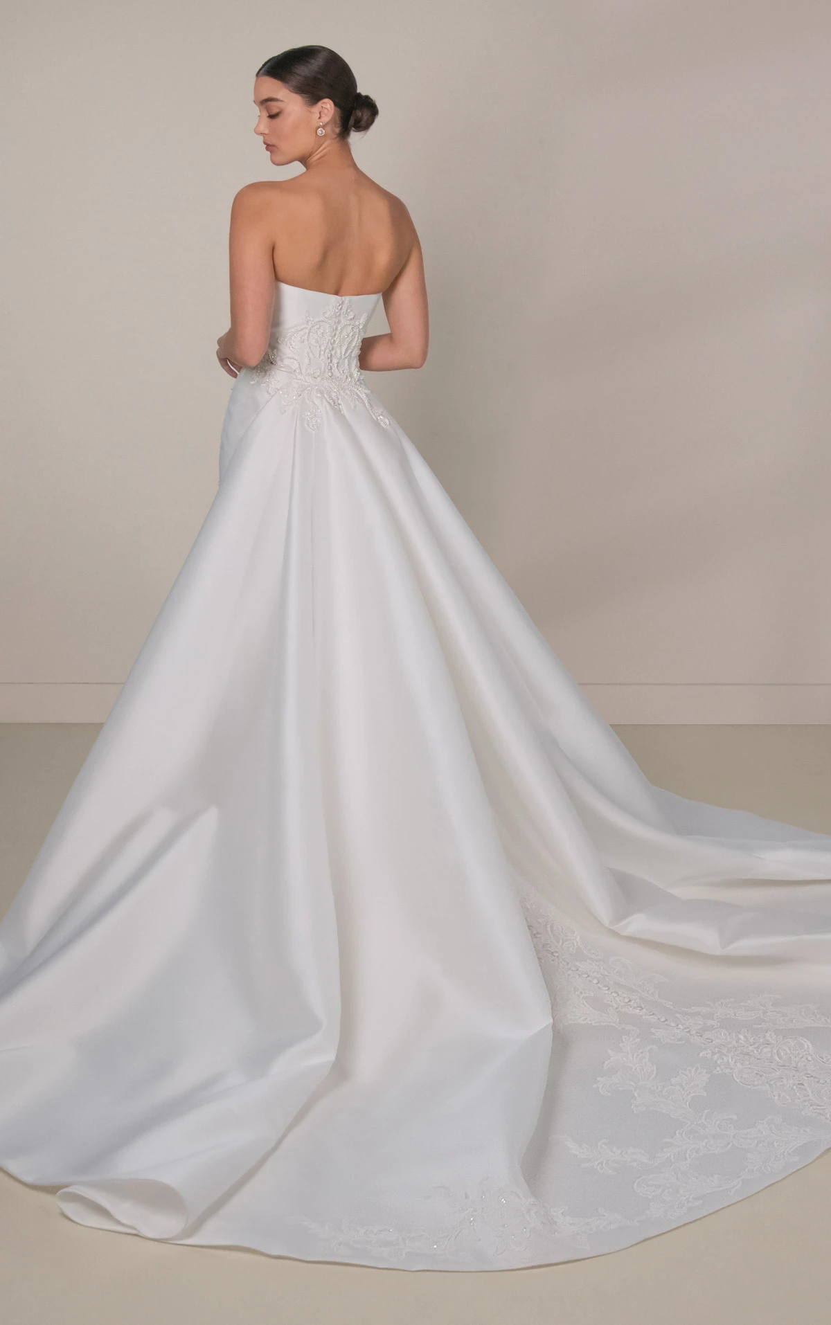 le1487 Strapless Lace and Silk Zibeline Column Wedding Gown with Detachable Train by Martina Liana Luxe