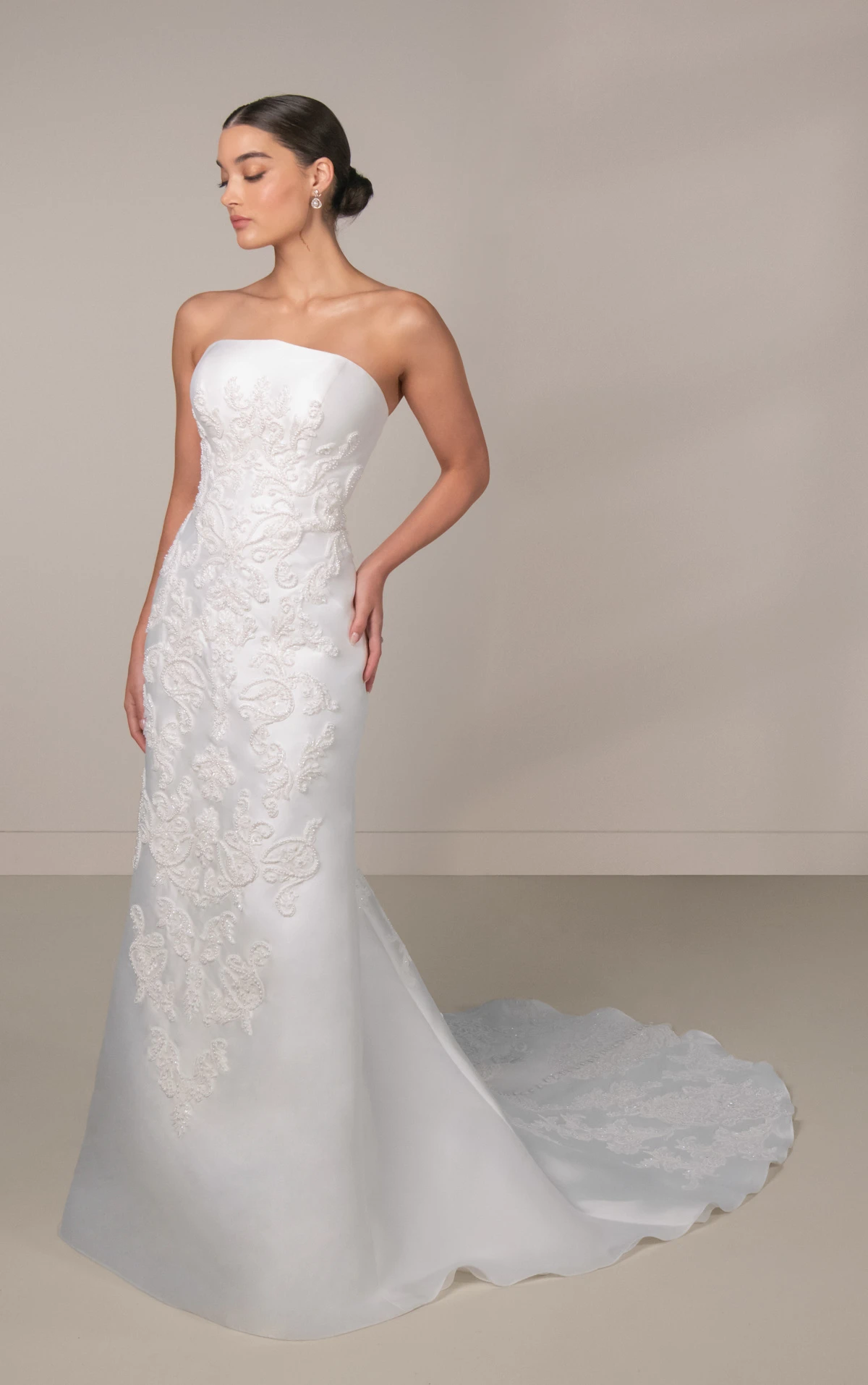 le1487 Strapless Lace and Silk Zibeline Column Wedding Gown with Detachable Train by Martina Liana Luxe