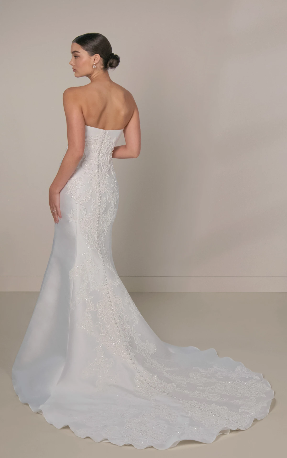 le1487 Strapless Lace and Silk Zibeline Column Wedding Gown with Detachable Train by Martina Liana Luxe