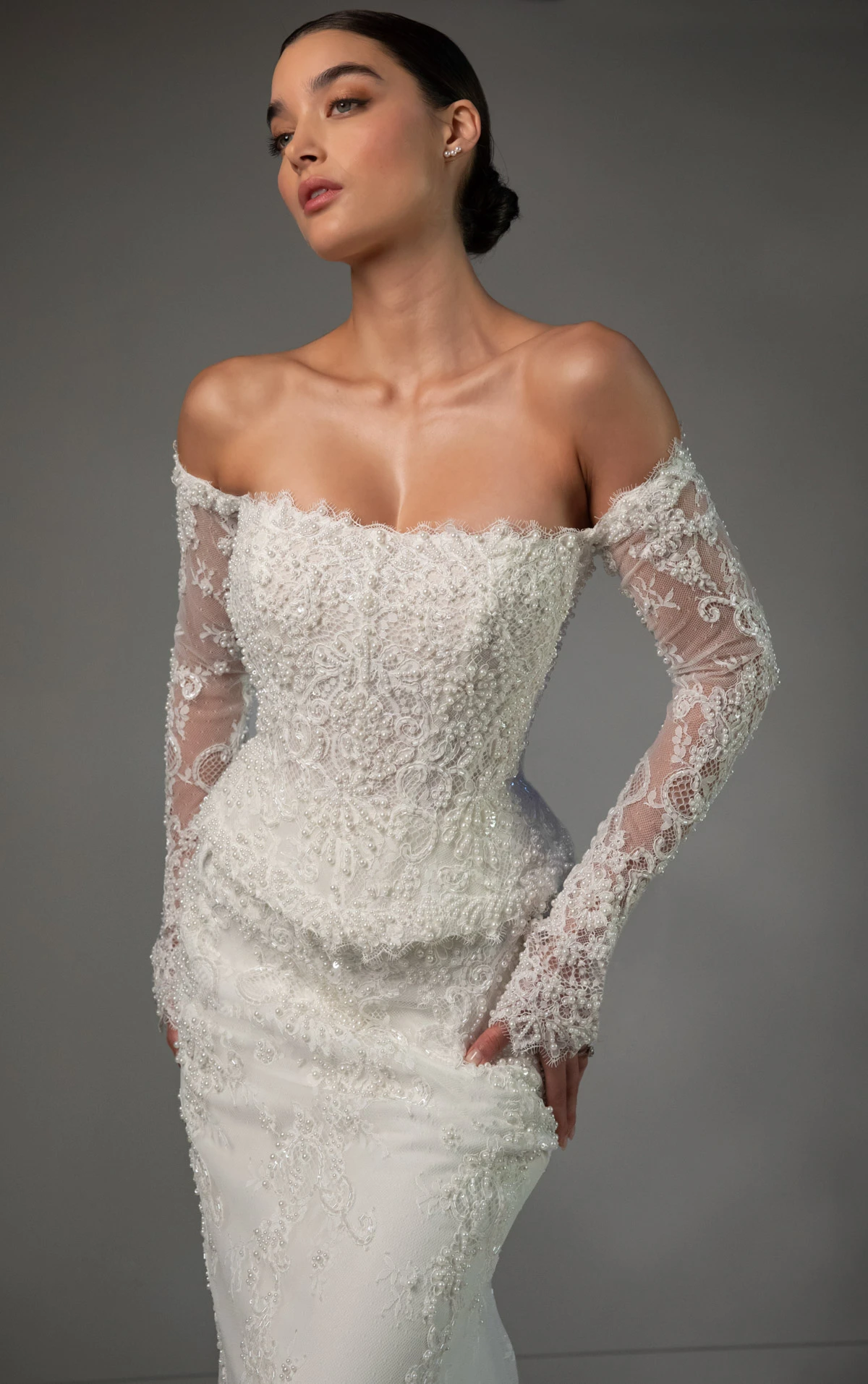 le1490 Beaded Lace and Tulle Off-the-Shoulder Peplum Column Wedding Gown by Martina Liana Luxe