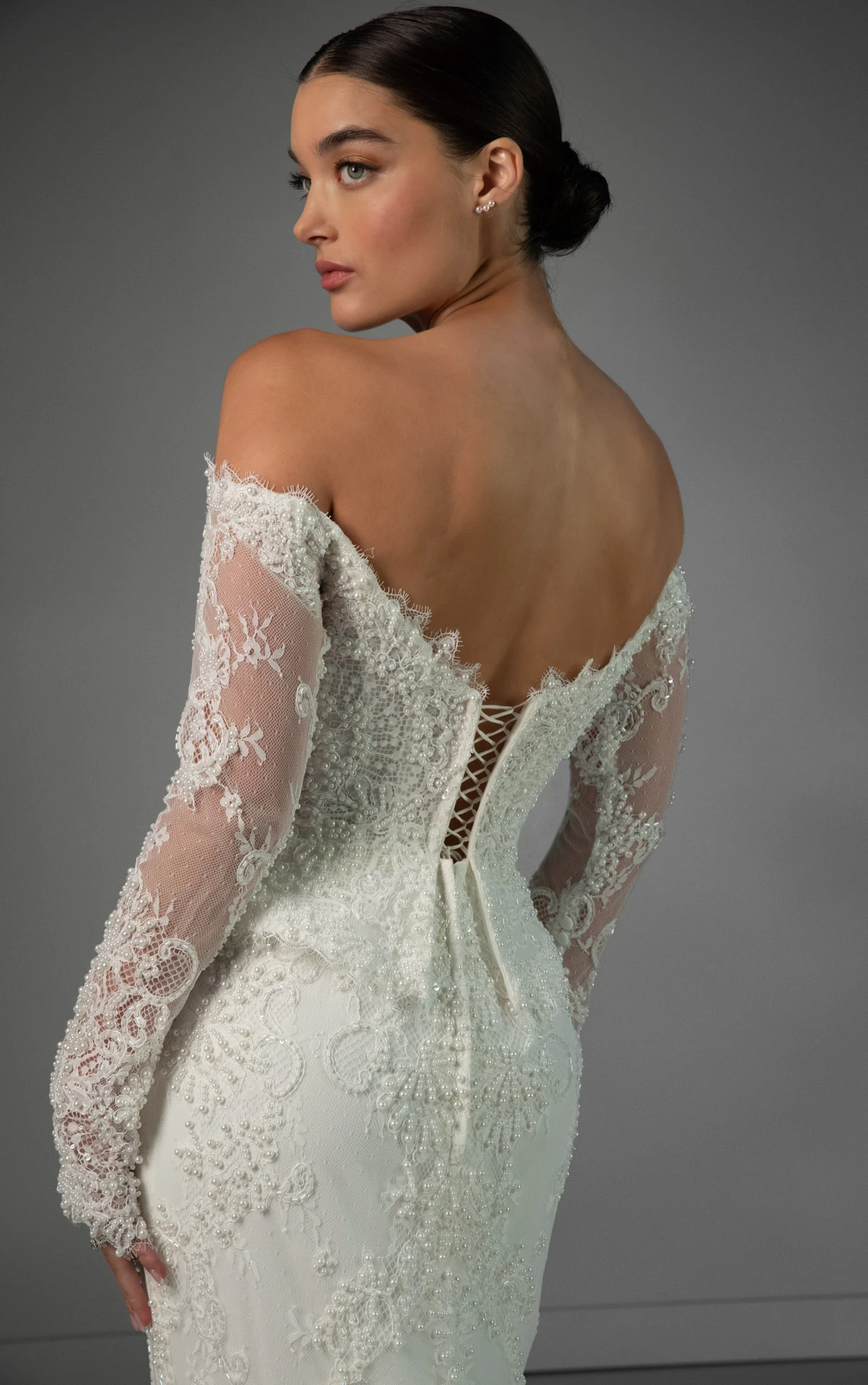 le1490 Beaded Lace and Tulle Off-the-Shoulder Peplum Column Wedding Gown by Martina Liana Luxe