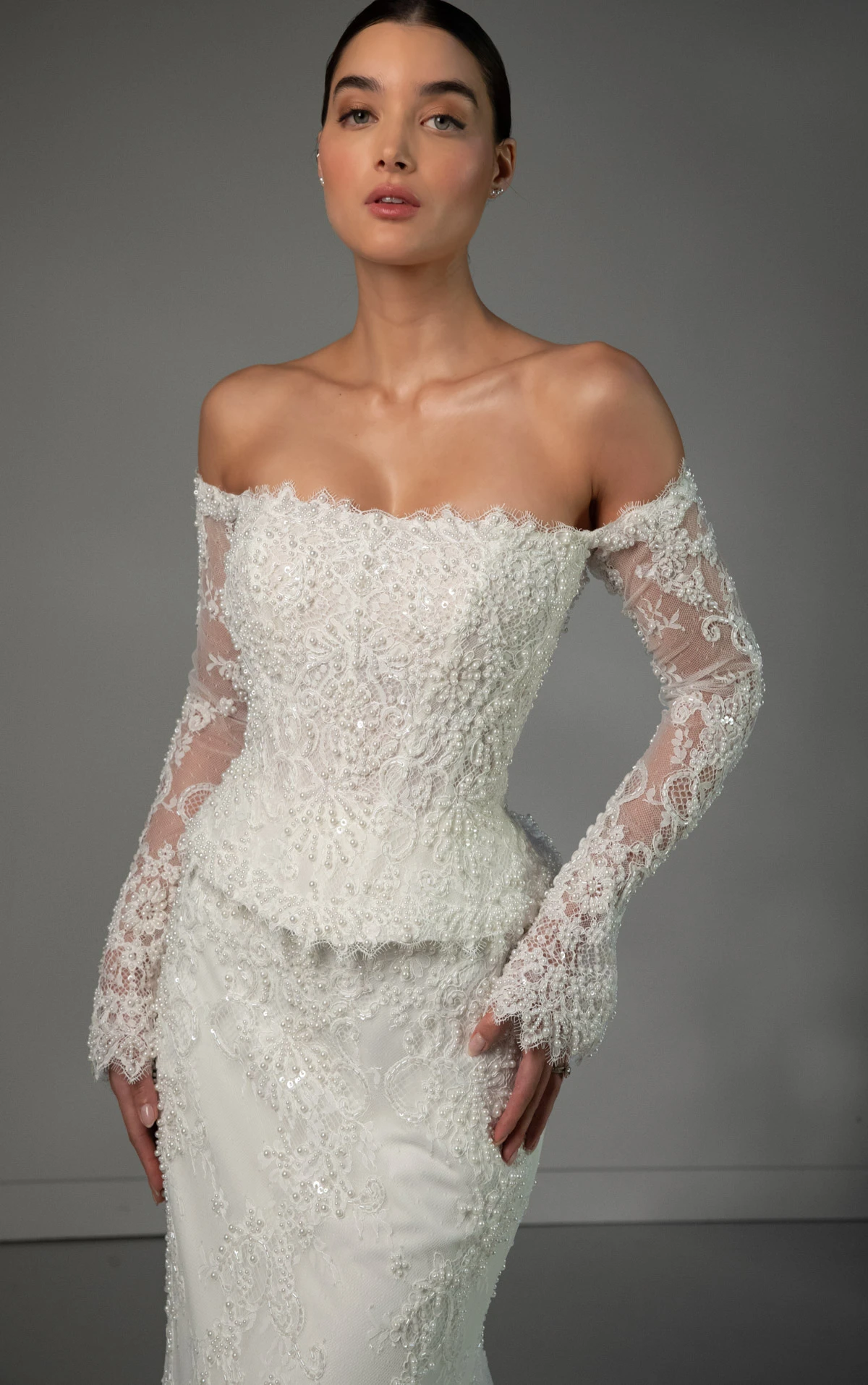 le1490 Beaded Lace and Tulle Off-the-Shoulder Peplum Column Wedding Gown by Martina Liana Luxe