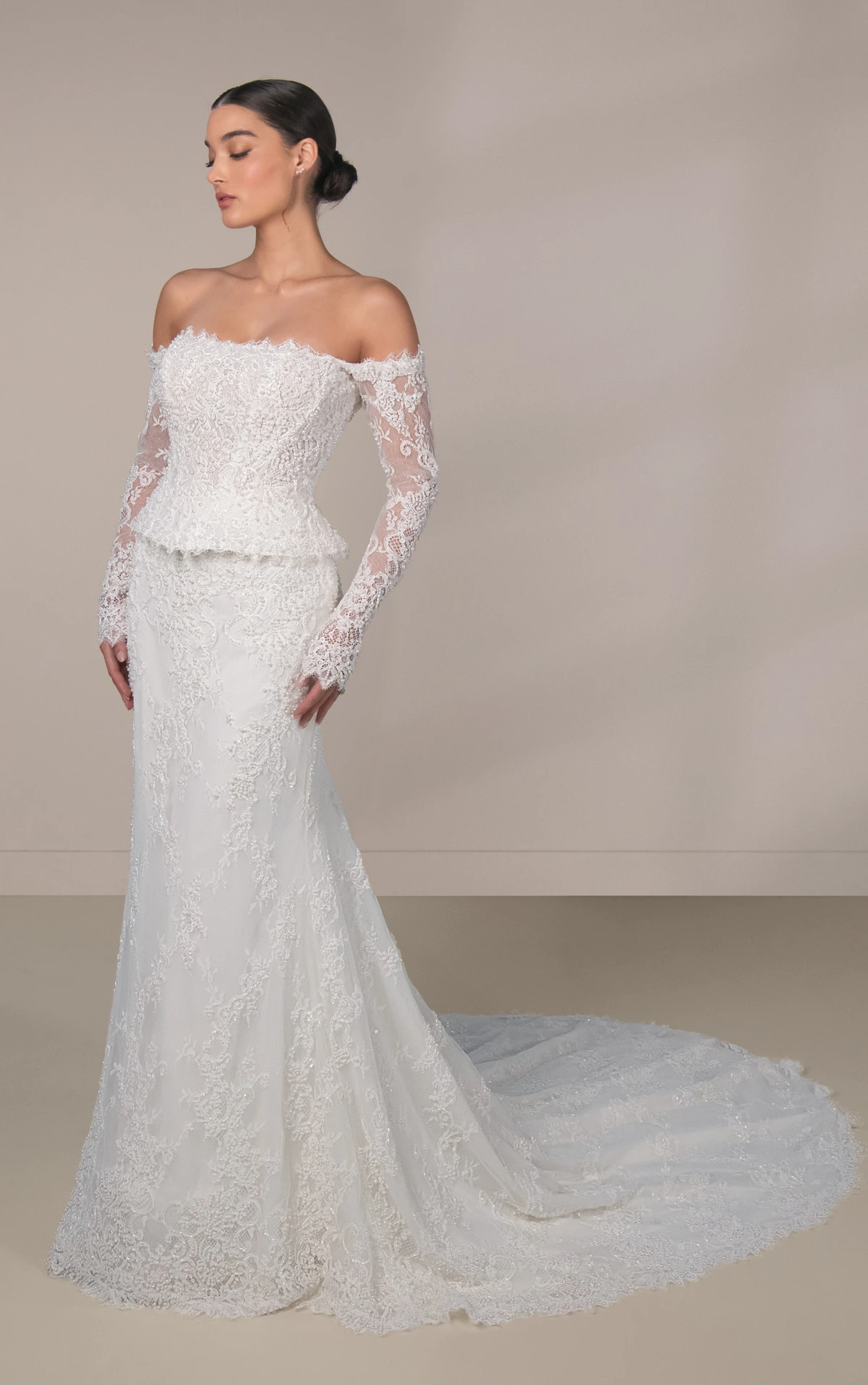 le1490 Beaded Lace and Tulle Off-the-Shoulder Peplum Column Wedding Gown by Martina Liana Luxe