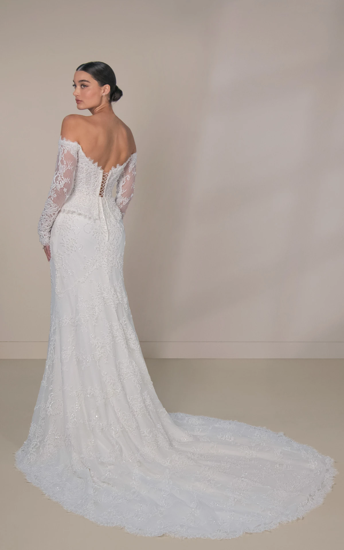 le1490 Beaded Lace and Tulle Off-the-Shoulder Peplum Column Wedding Gown by Martina Liana Luxe