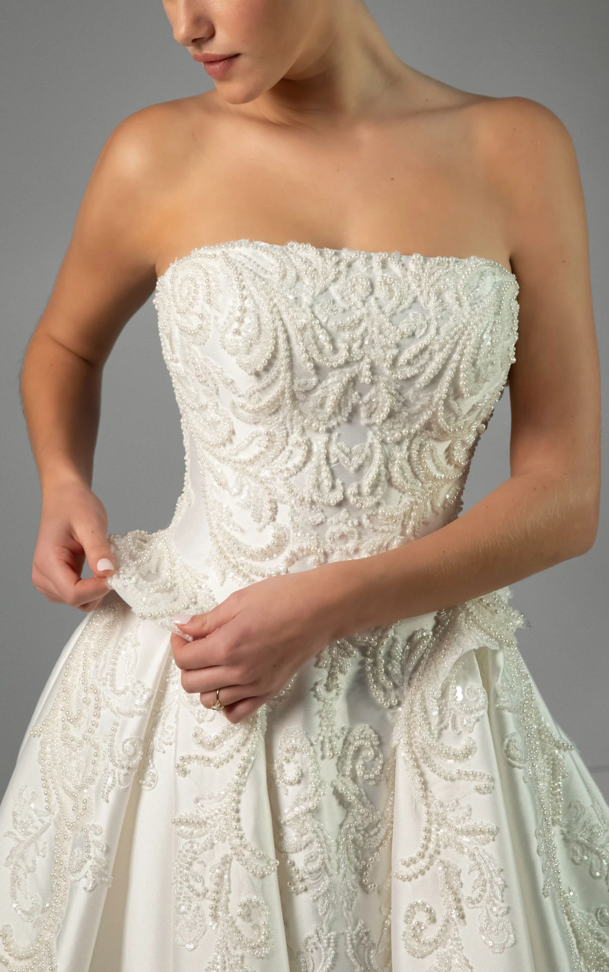 le1492 Strapless Ballgown Wedding Gown with Pearl Beading and Peplum Waist  by Martina Liana Luxe