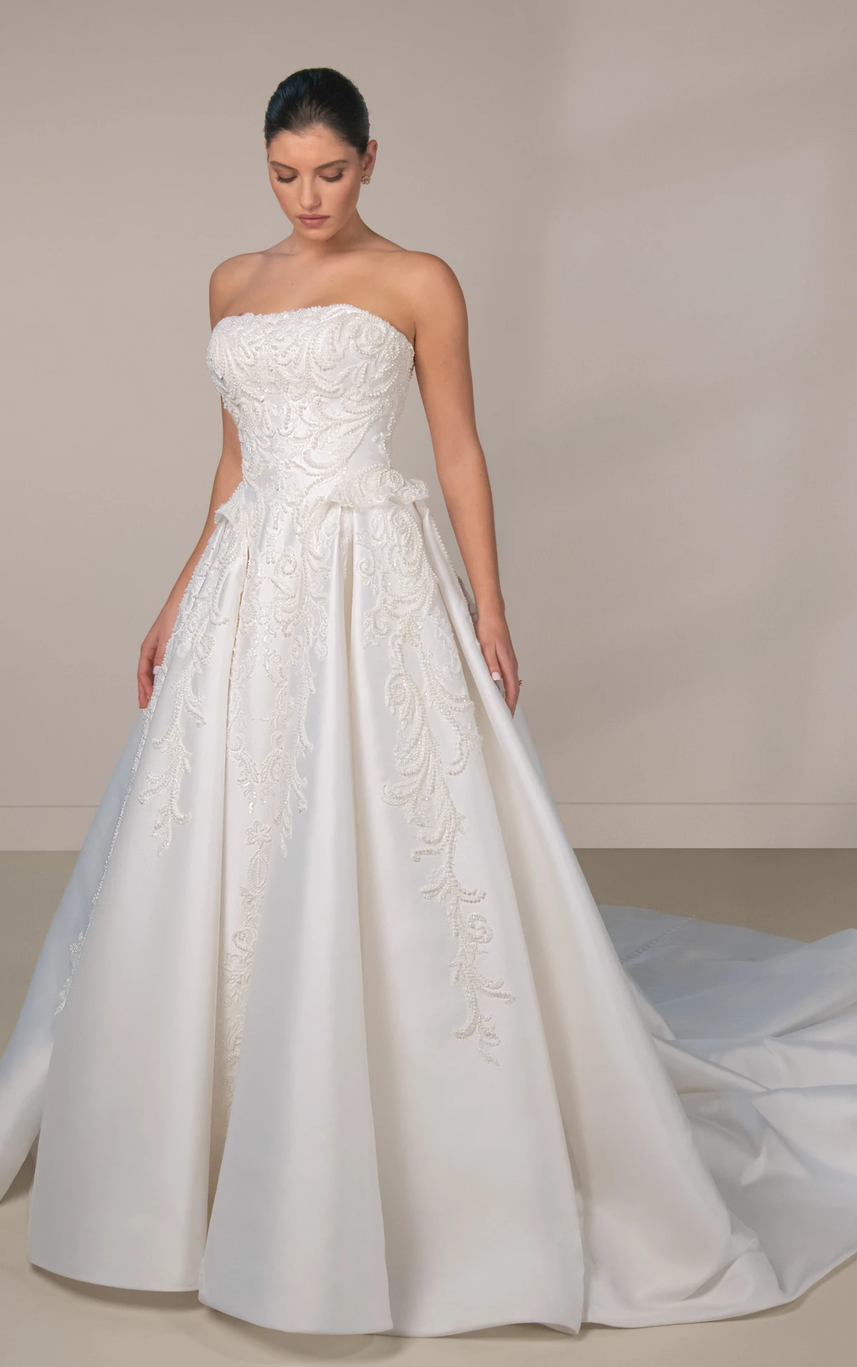 le1492 Strapless Ballgown Wedding Gown with Pearl Beading and Peplum Waist  by Martina Liana Luxe