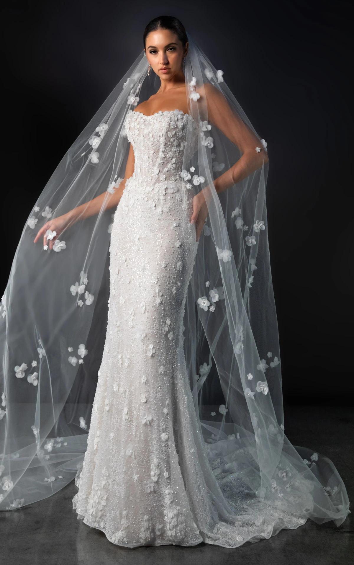 Strapless Fit-and-Flare 3D Floral Lace and Tulle Wedding Gown, ML1999, byMartina Liana