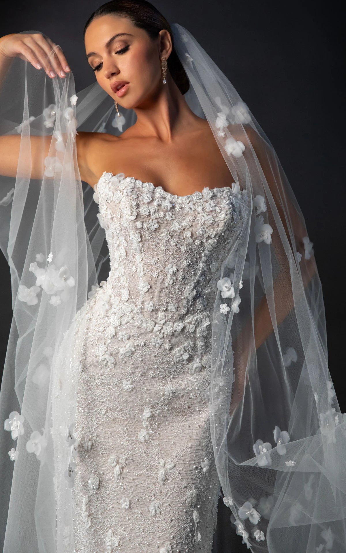 ml1999 Strapless Fit-and-Flare 3D Floral Lace and Tulle Wedding Gown  by Martina Liana
