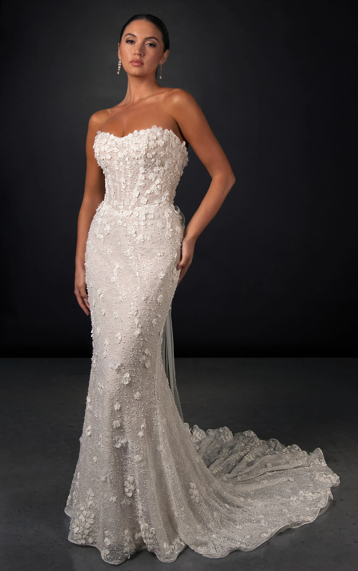 ml1999 Strapless Fit-and-Flare 3D Floral Lace and Tulle Wedding Gown  by Martina Liana