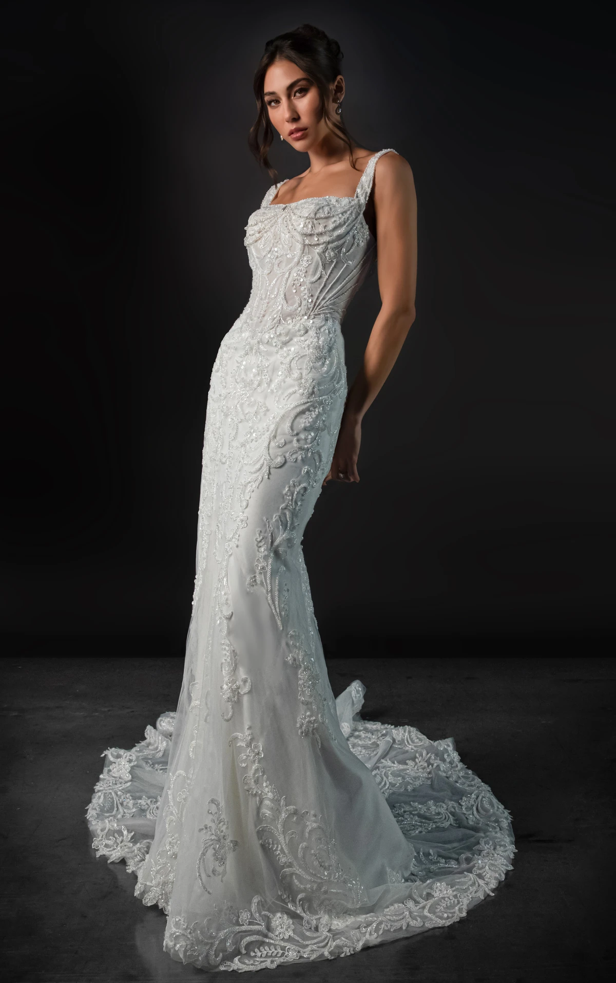 ml2005 Sparkling Lace and Tulle Wedding Gown with Square Neckline and Pearl Buttons  by Martina Liana