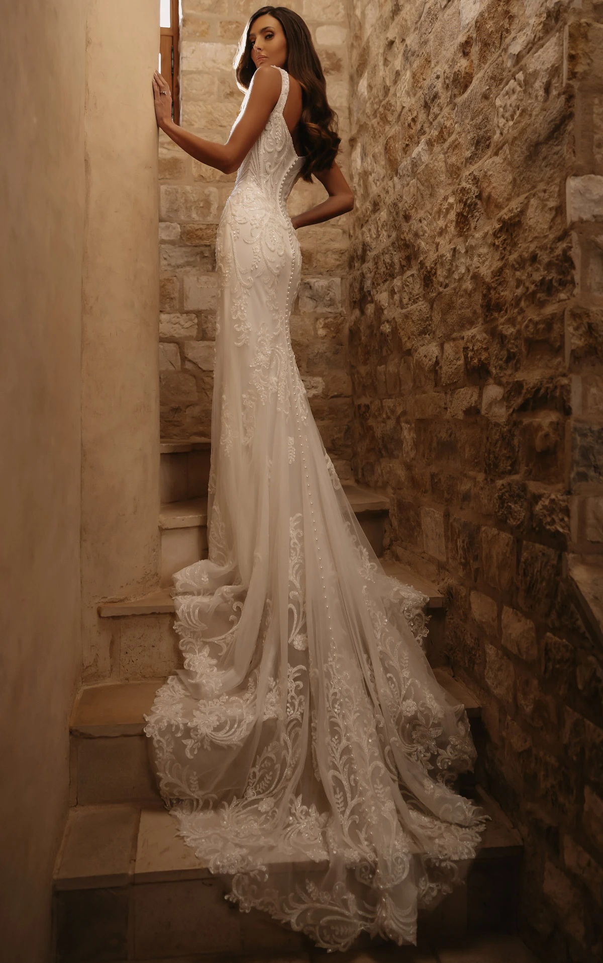 ml2005 Sparkling Lace and Tulle Wedding Gown with Square Neckline and Pearl Buttons  by Martina Liana