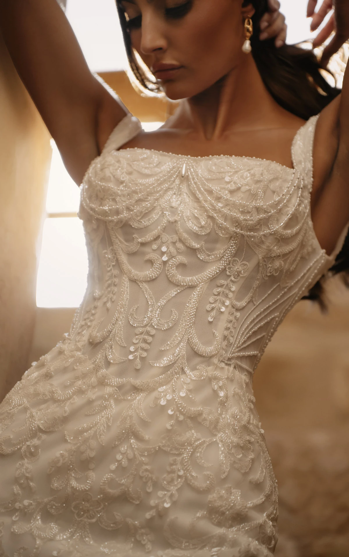 ml2005 Sparkling Lace and Tulle Wedding Gown with Square Neckline and Pearl Buttons  by Martina Liana
