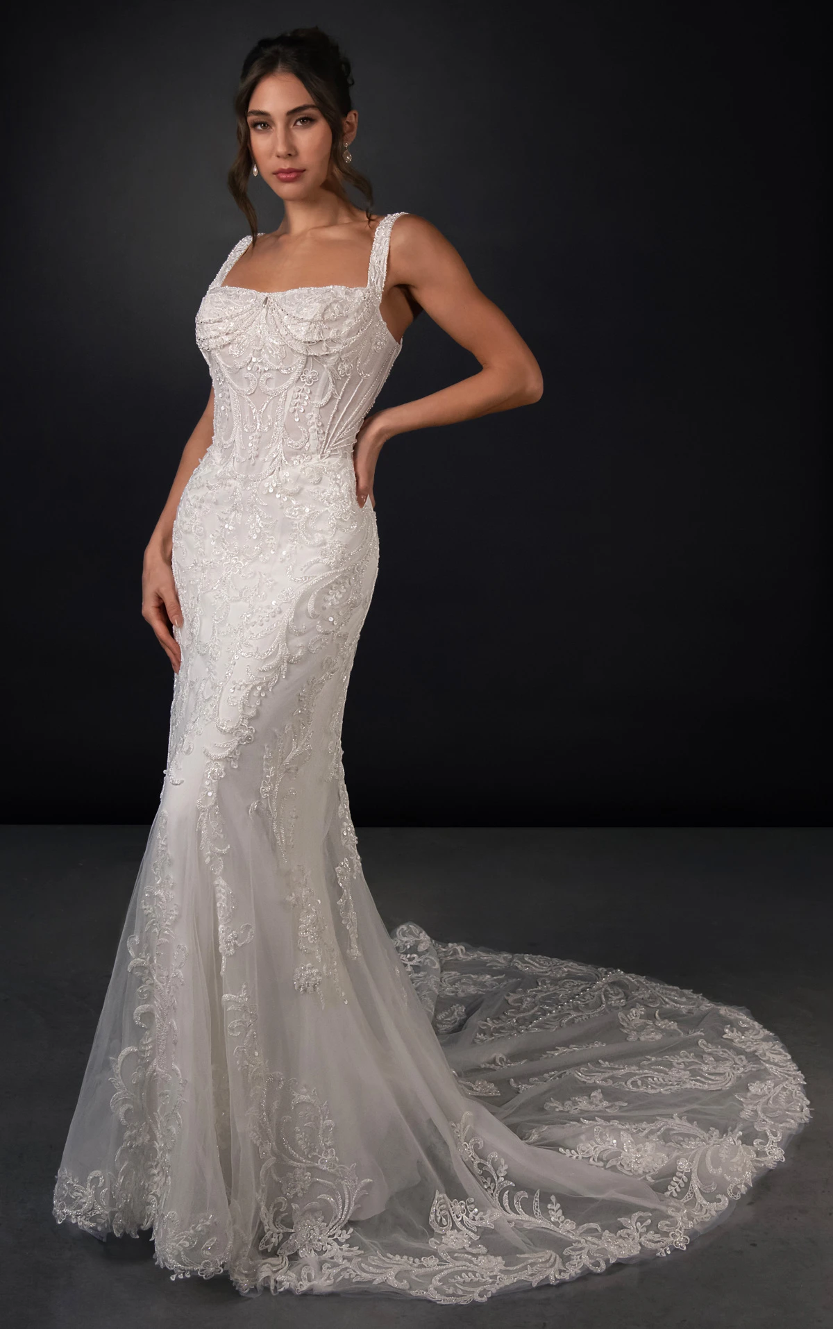 ml2005 Sparkling Lace and Tulle Wedding Gown with Square Neckline and Pearl Buttons  by Martina Liana