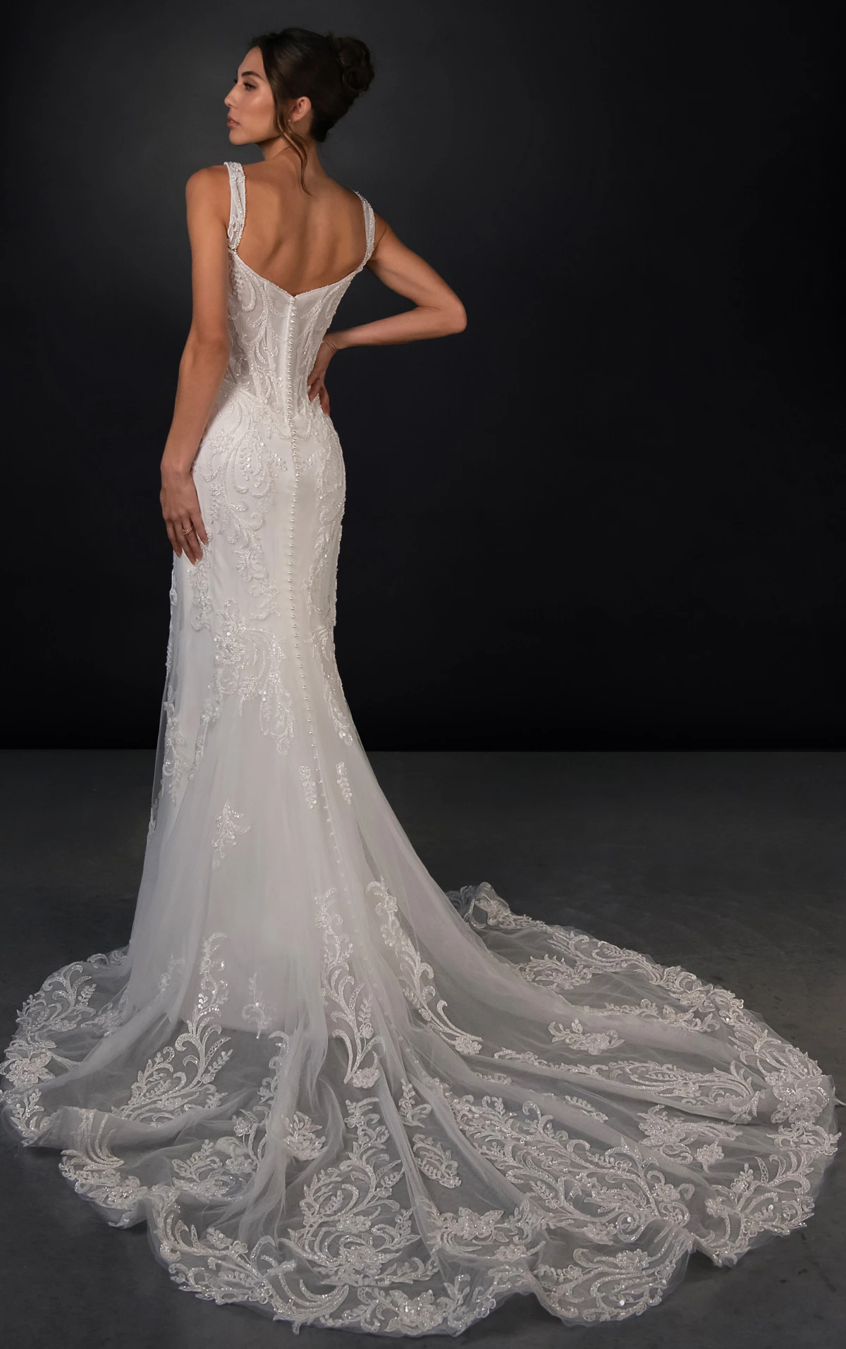 ml2005 Sparkling Lace and Tulle Wedding Gown with Square Neckline and Pearl Buttons  by Martina Liana