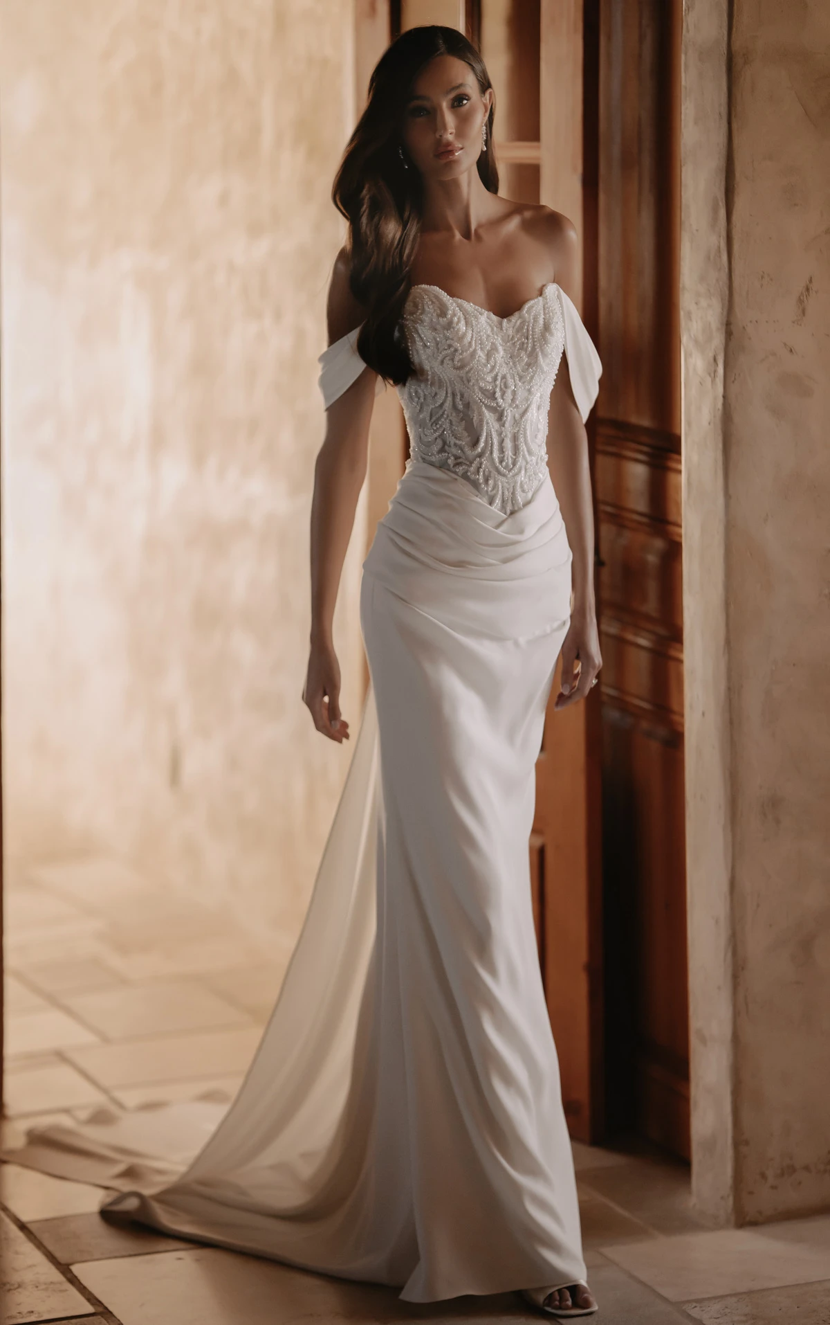 Beaded Lace and Liquid Crepe Column Wedding Gown with Detachable Straps, ML2008, byMartina Liana