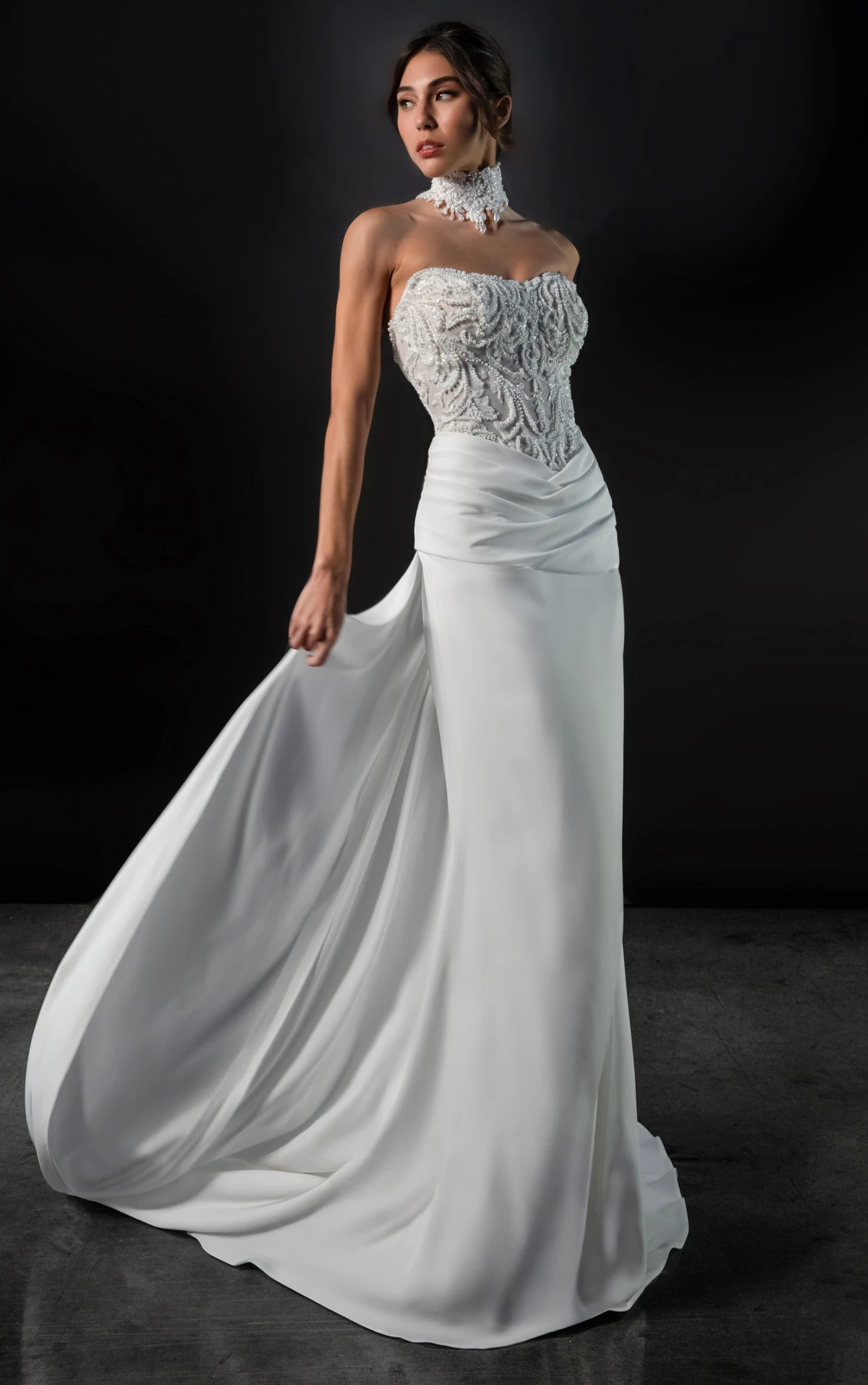 ml2008 Beaded Lace and Liquid Crepe Column Wedding Gown with Detachable Straps  by Martina Liana