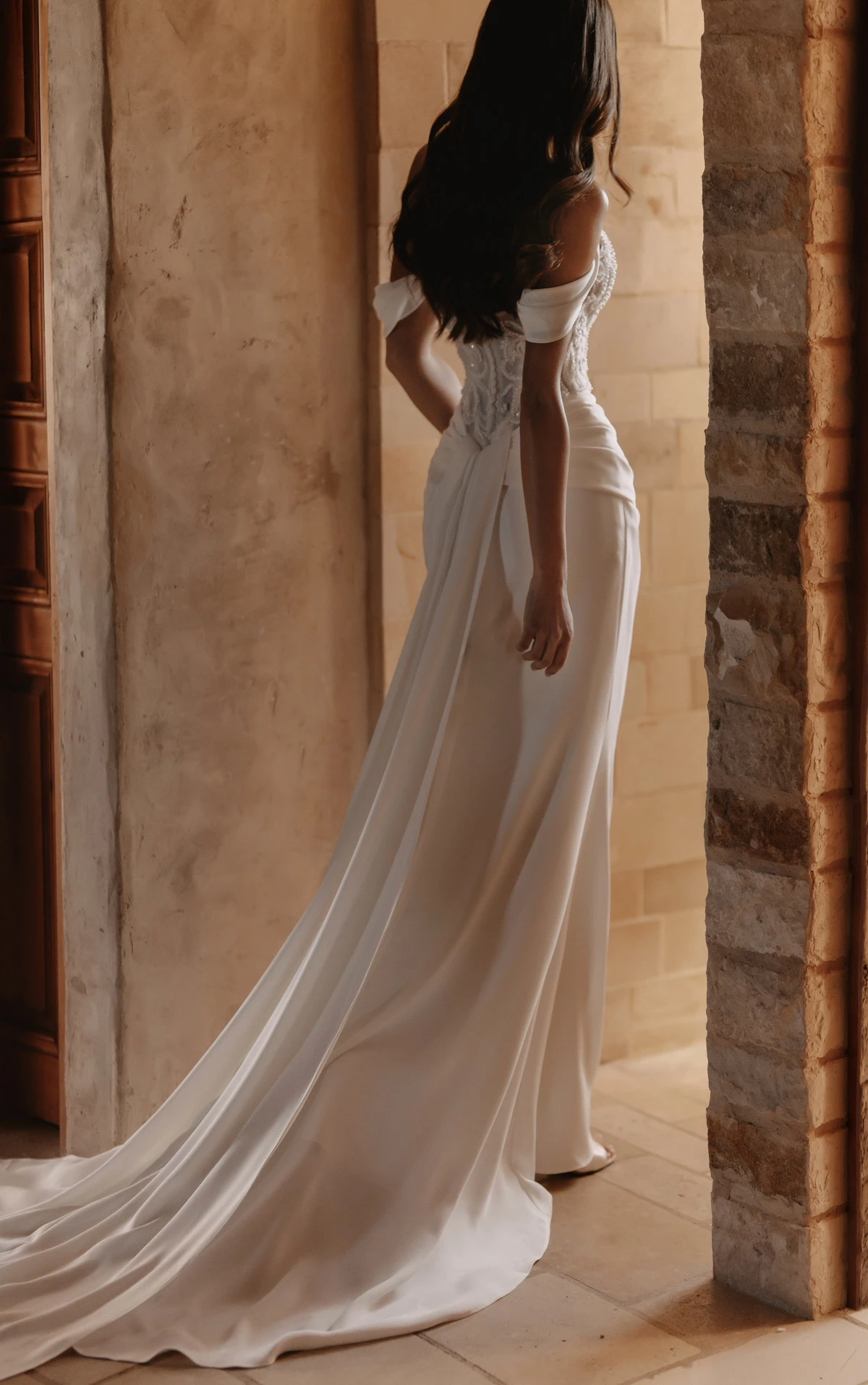 ml2008 Beaded Lace and Liquid Crepe Column Wedding Gown with Detachable Straps  by Martina Liana
