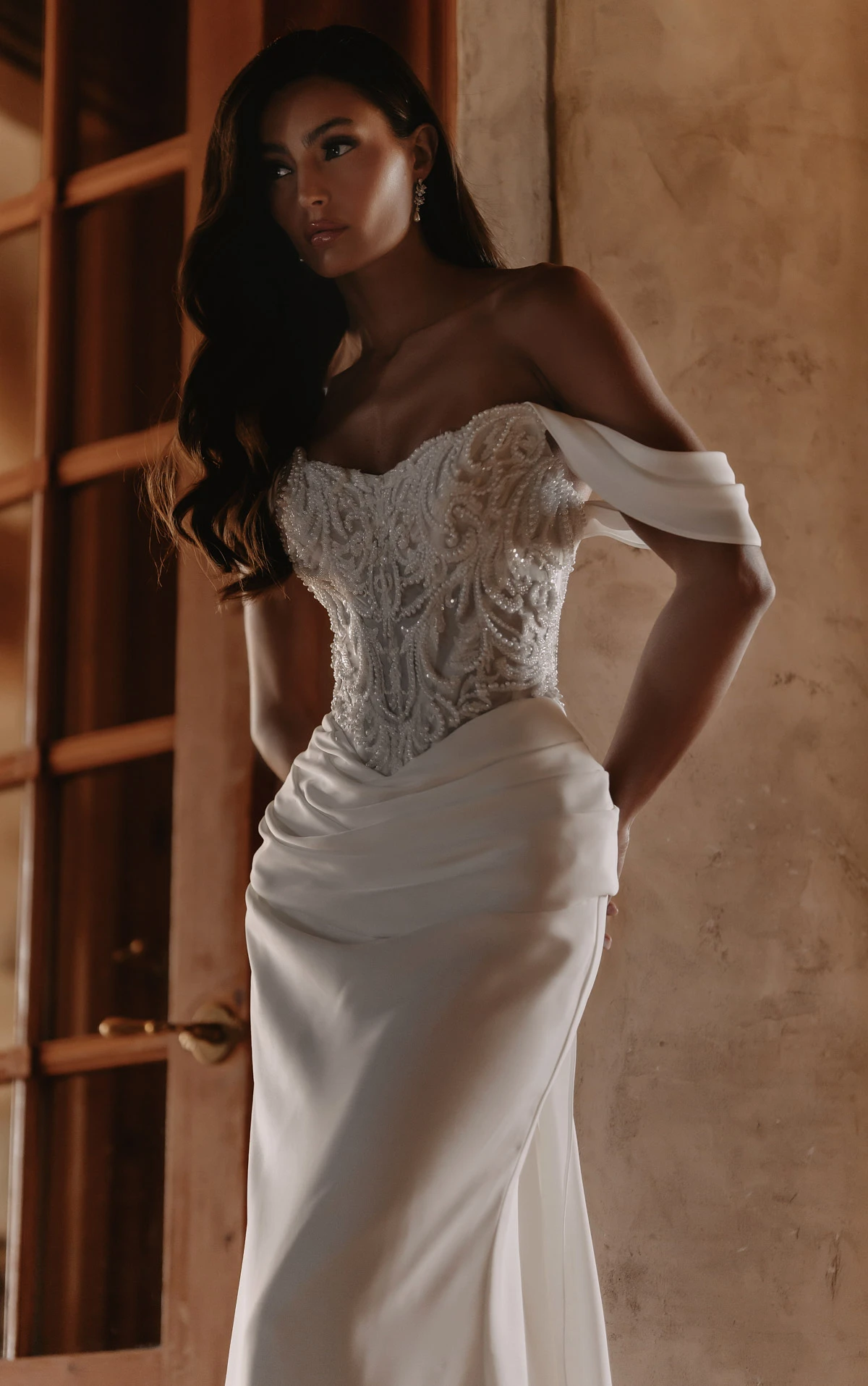 ml2008 Beaded Lace and Liquid Crepe Column Wedding Gown with Detachable Straps  by Martina Liana