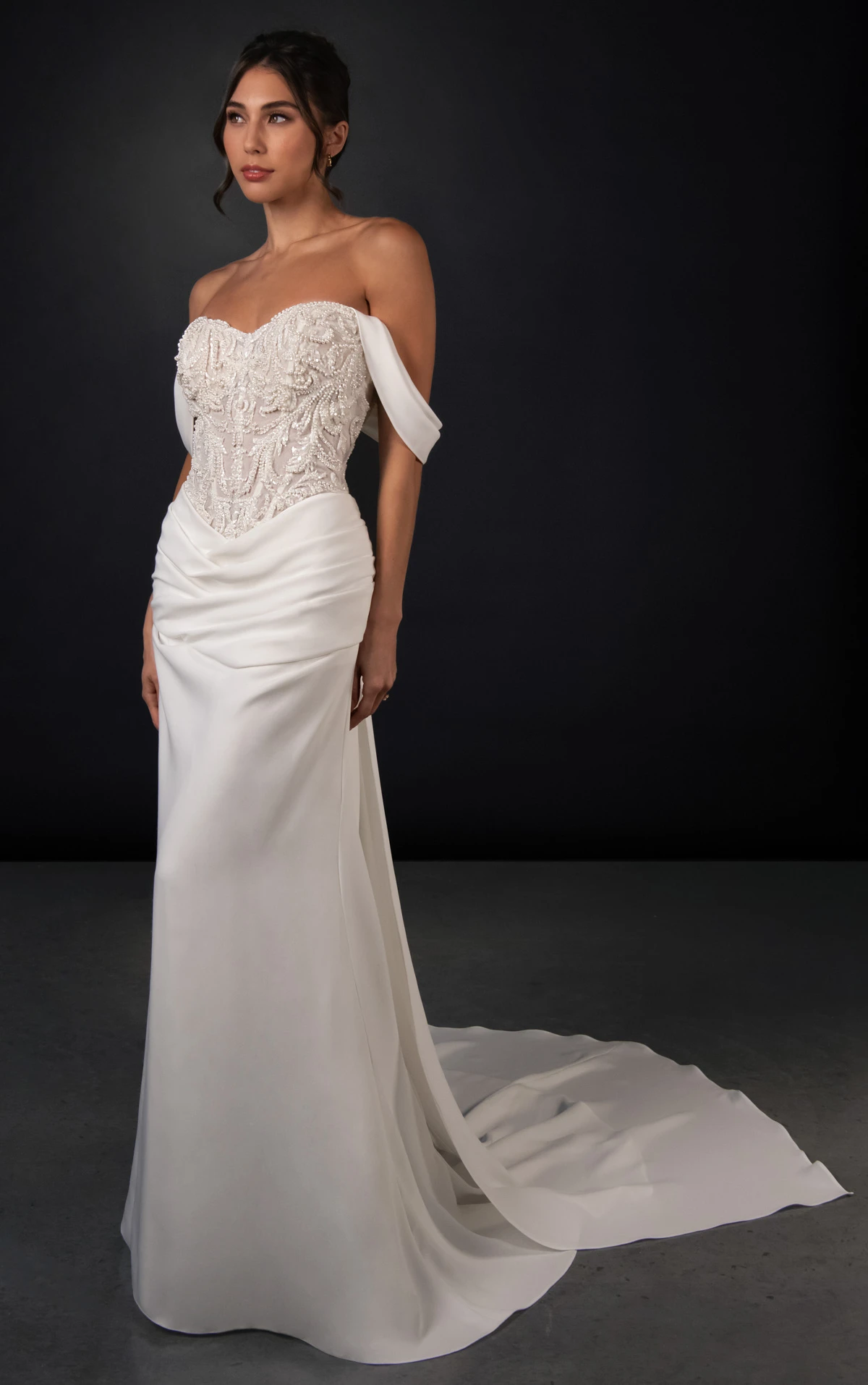 ml2008 Beaded Lace and Liquid Crepe Column Wedding Gown with Detachable Straps  by Martina Liana
