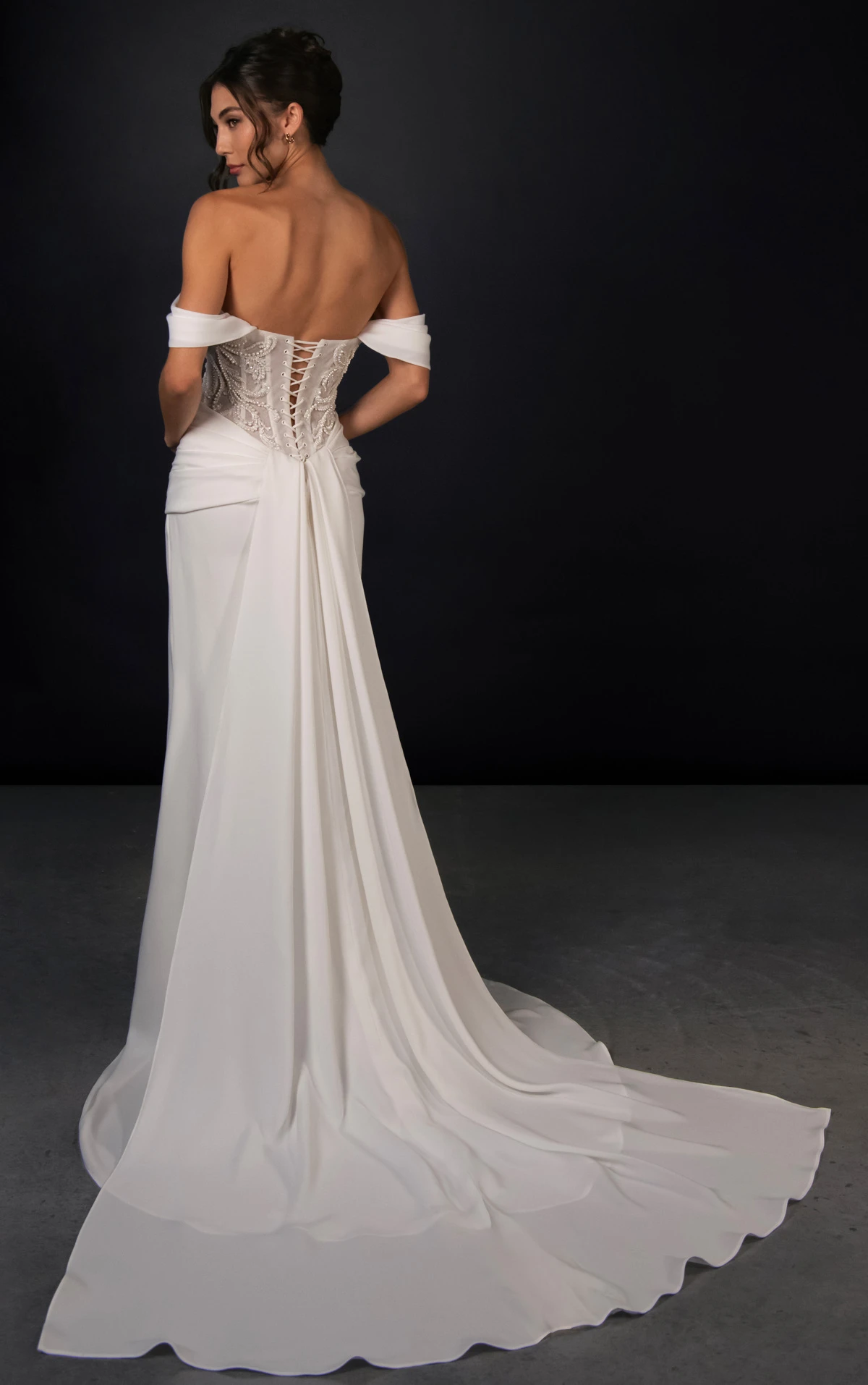 ml2008 Beaded Lace and Liquid Crepe Column Wedding Gown with Detachable Straps  by Martina Liana
