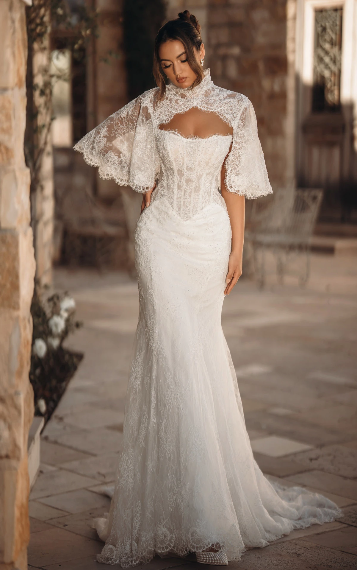Lace and Tulle Fit-and-Flare Wedding Gown with Detachable High-Neck Shawl and Pearl Buttons, ML2010, byMartina Liana