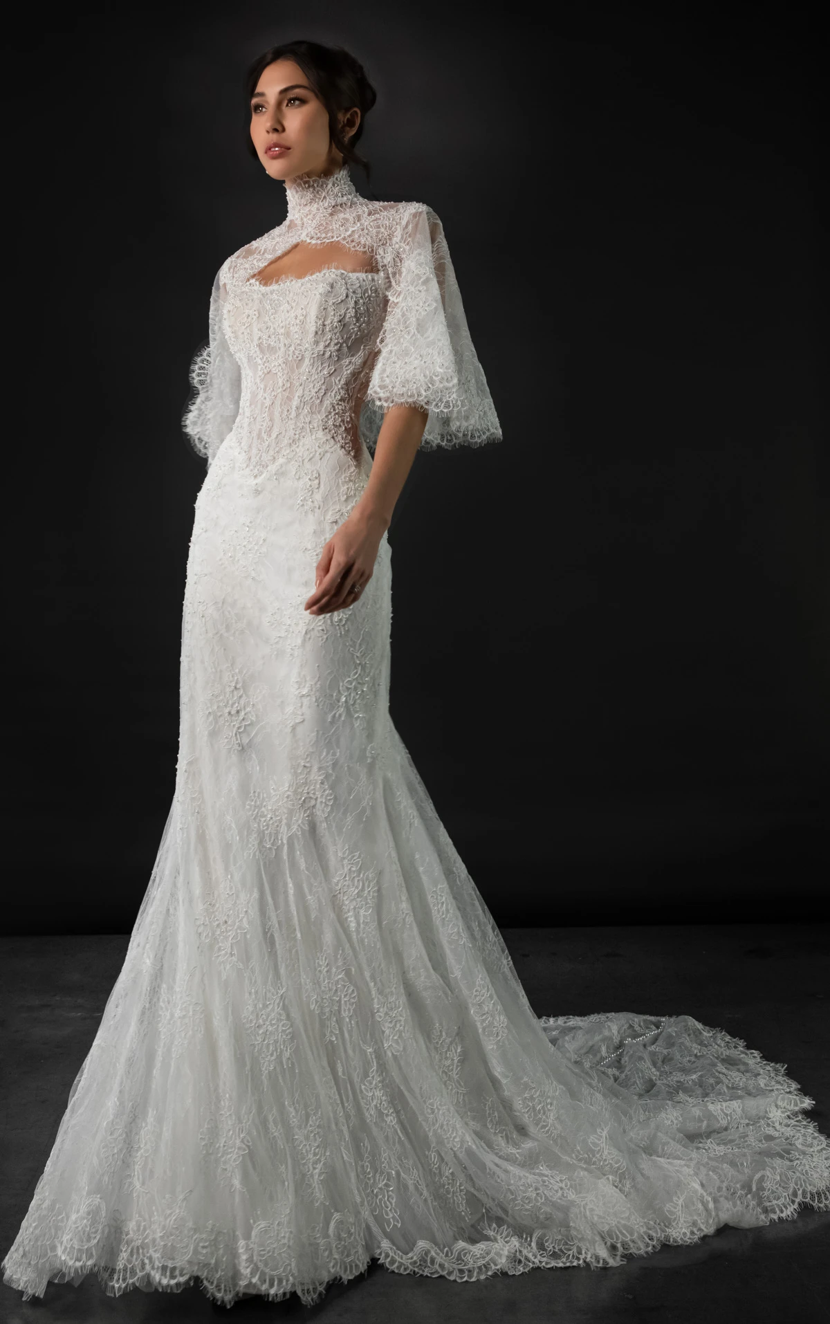 ml2010 Lace and Tulle Fit-and-Flare Wedding Gown with Detachable High-Neck Shawl and Pearl Buttons  by Martina Liana