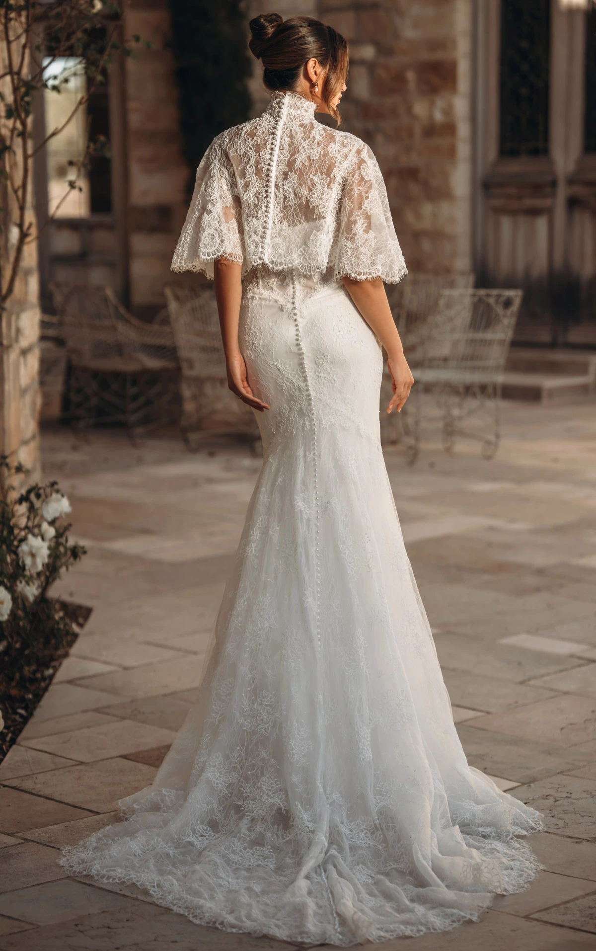 ml2010 Lace and Tulle Fit-and-Flare Wedding Gown with Detachable High-Neck Shawl and Pearl Buttons  by Martina Liana