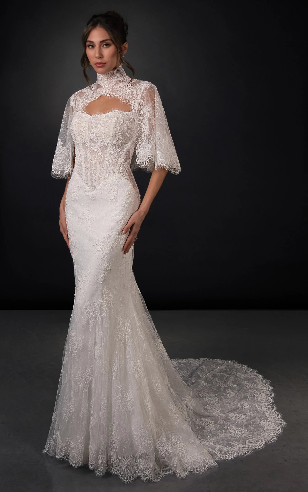 ml2010 Lace and Tulle Fit-and-Flare Wedding Gown with Detachable High-Neck Shawl and Pearl Buttons  by Martina Liana