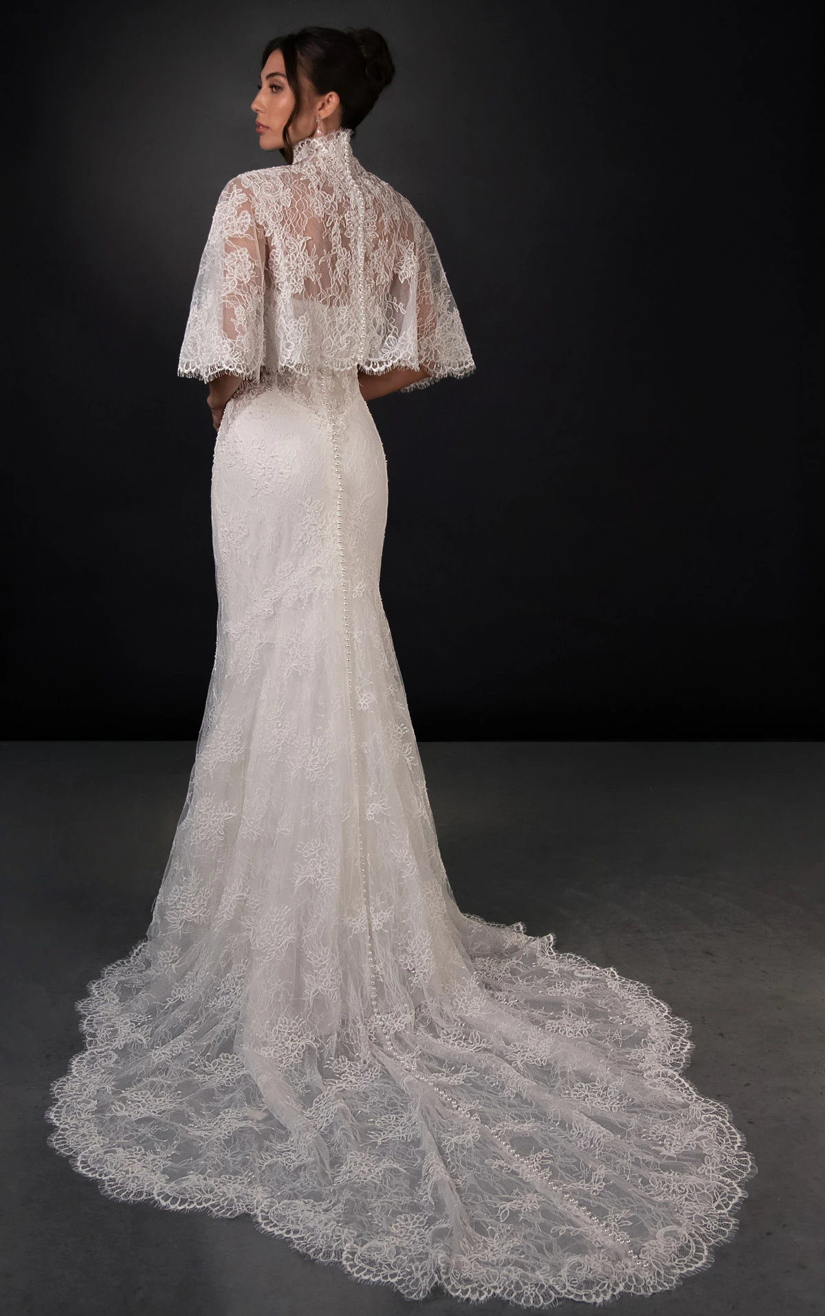 ml2010 Lace and Tulle Fit-and-Flare Wedding Gown with Detachable High-Neck Shawl and Pearl Buttons  by Martina Liana