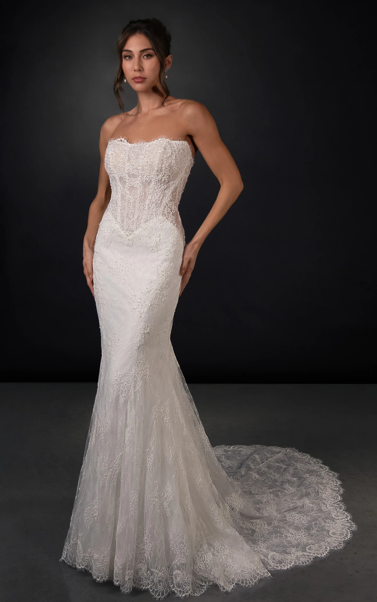 ml2010 Lace and Tulle Fit-and-Flare Wedding Gown with Detachable High-Neck Shawl and Pearl Buttons  by Martina Liana