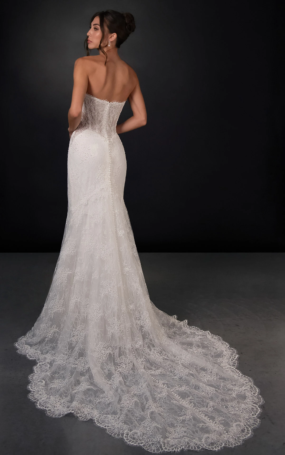 ml2010 Lace and Tulle Fit-and-Flare Wedding Gown with Detachable High-Neck Shawl and Pearl Buttons  by Martina Liana
