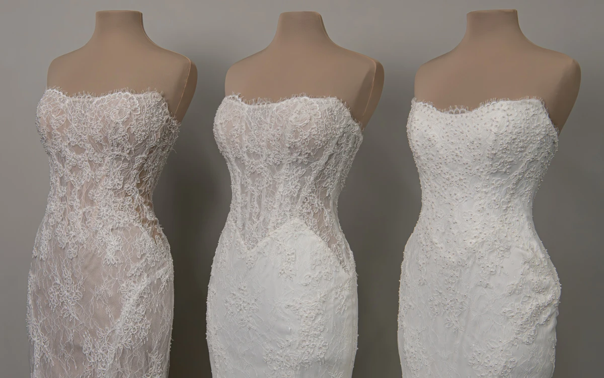 ml2010 Lace and Tulle Fit-and-Flare Wedding Gown with Detachable High-Neck Shawl and Pearl Buttons  by Martina Liana