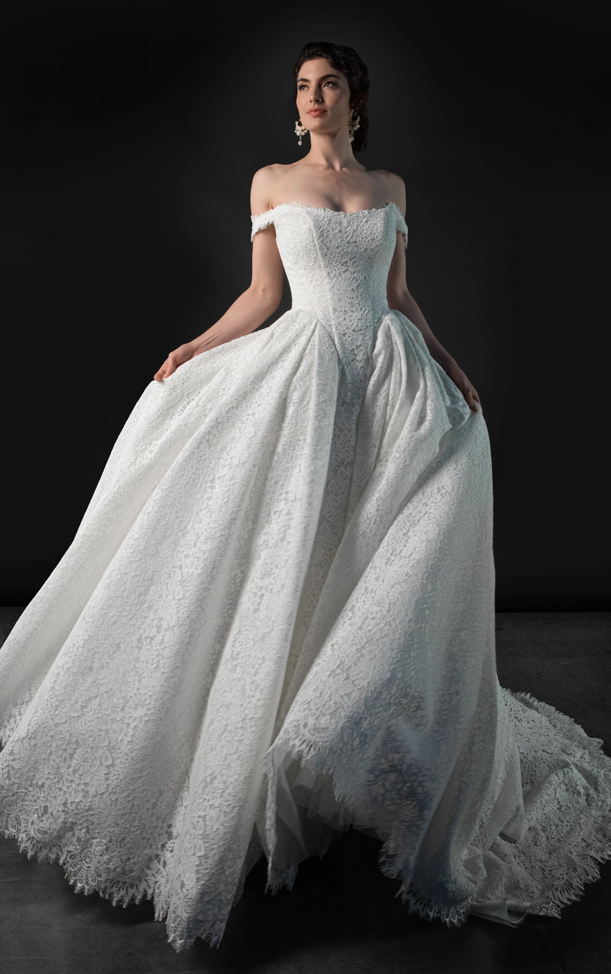 Off-the-Shoulder Lace A-Line Wedding Gown with Scalloped Eyelash Trim, ML2020, byMartina Liana