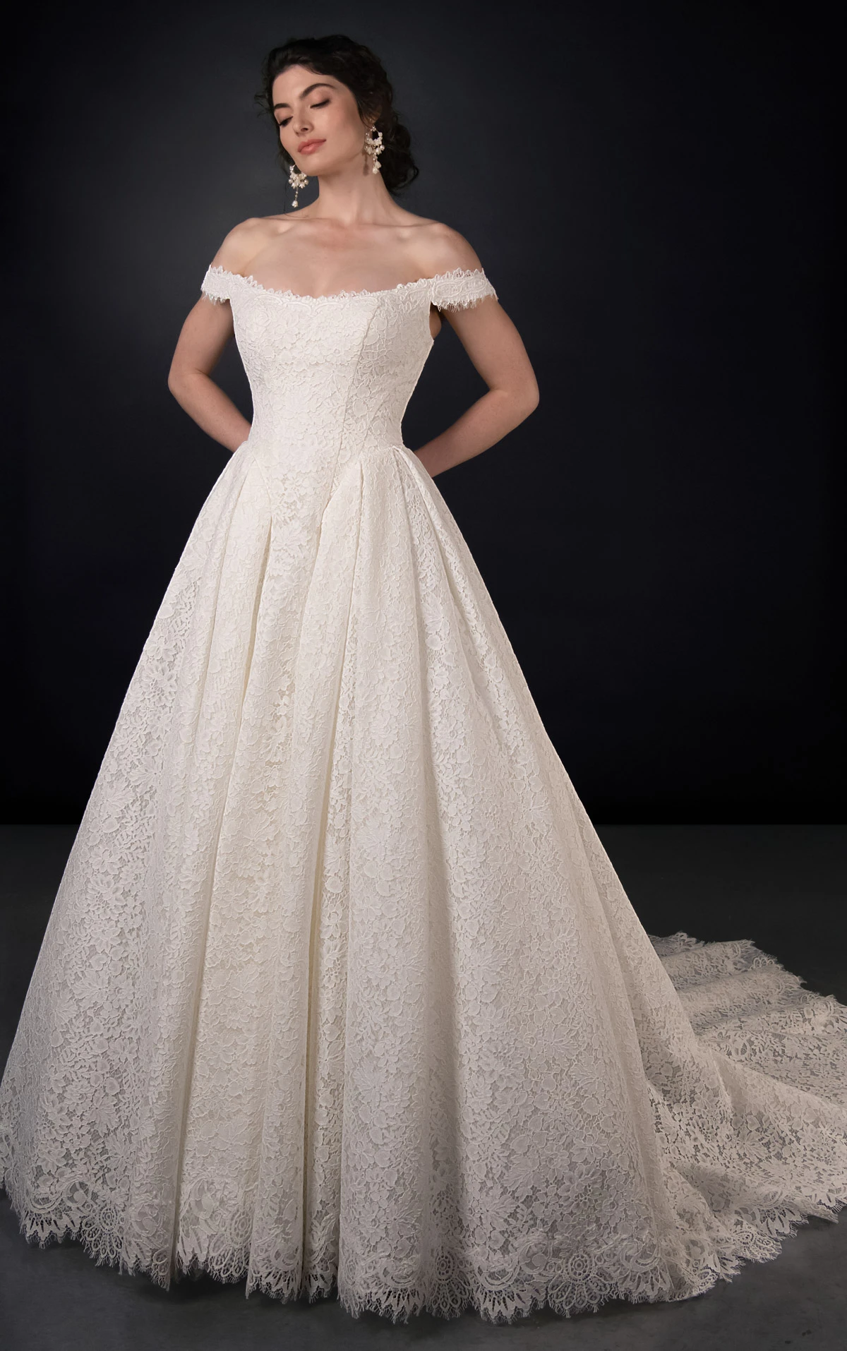 ml2020 Off-the-Shoulder Lace A-Line Wedding Gown with Scalloped Eyelash Trim  by Martina Liana