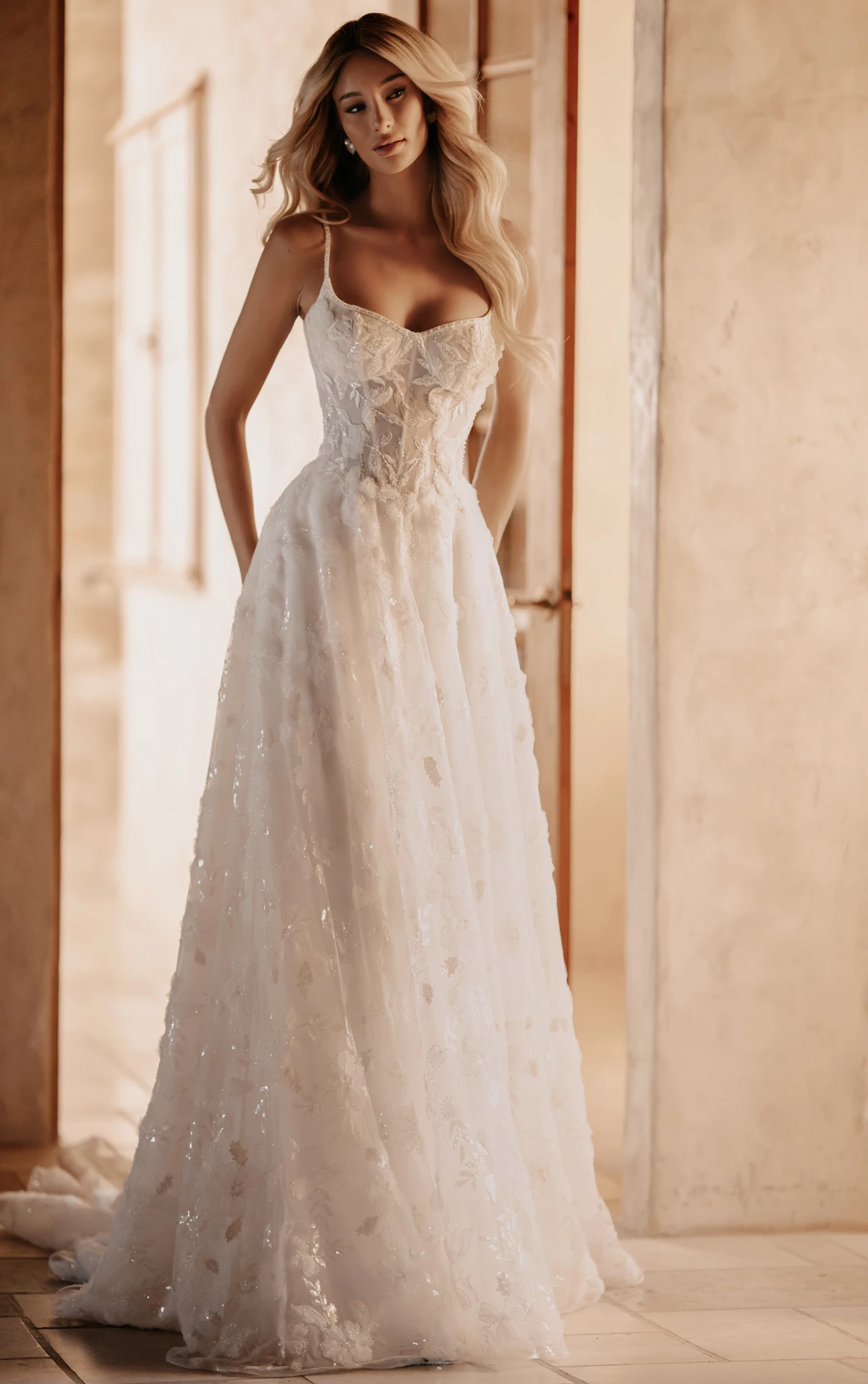 Bustier Lace A-Line Wedding Gown with Shimmering Beaded Floral Detail, ML2032, byMartina Liana