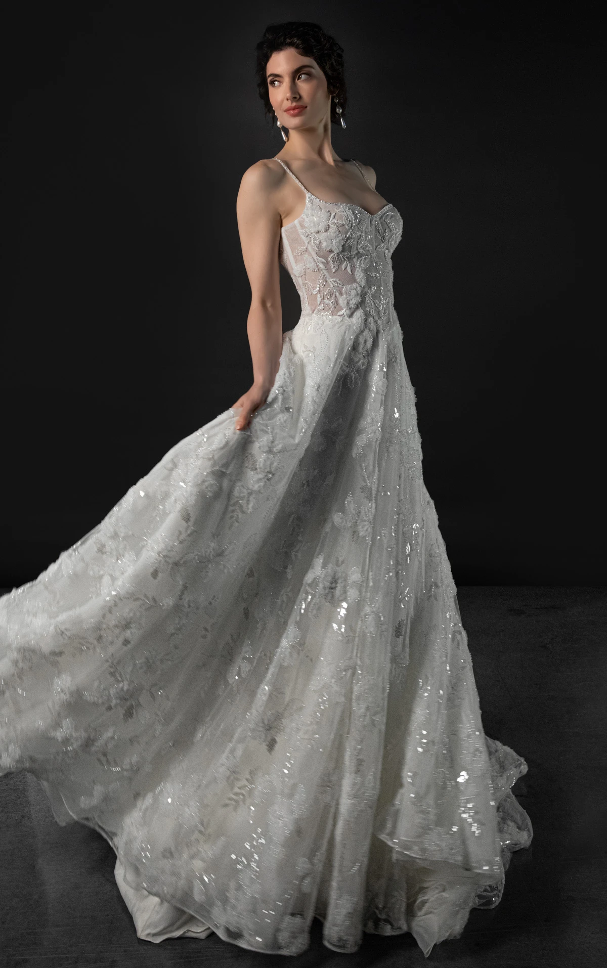 ml2032 Bustier Lace A-Line Wedding Gown with Shimmering Beaded Floral Detail  by Martina Liana
